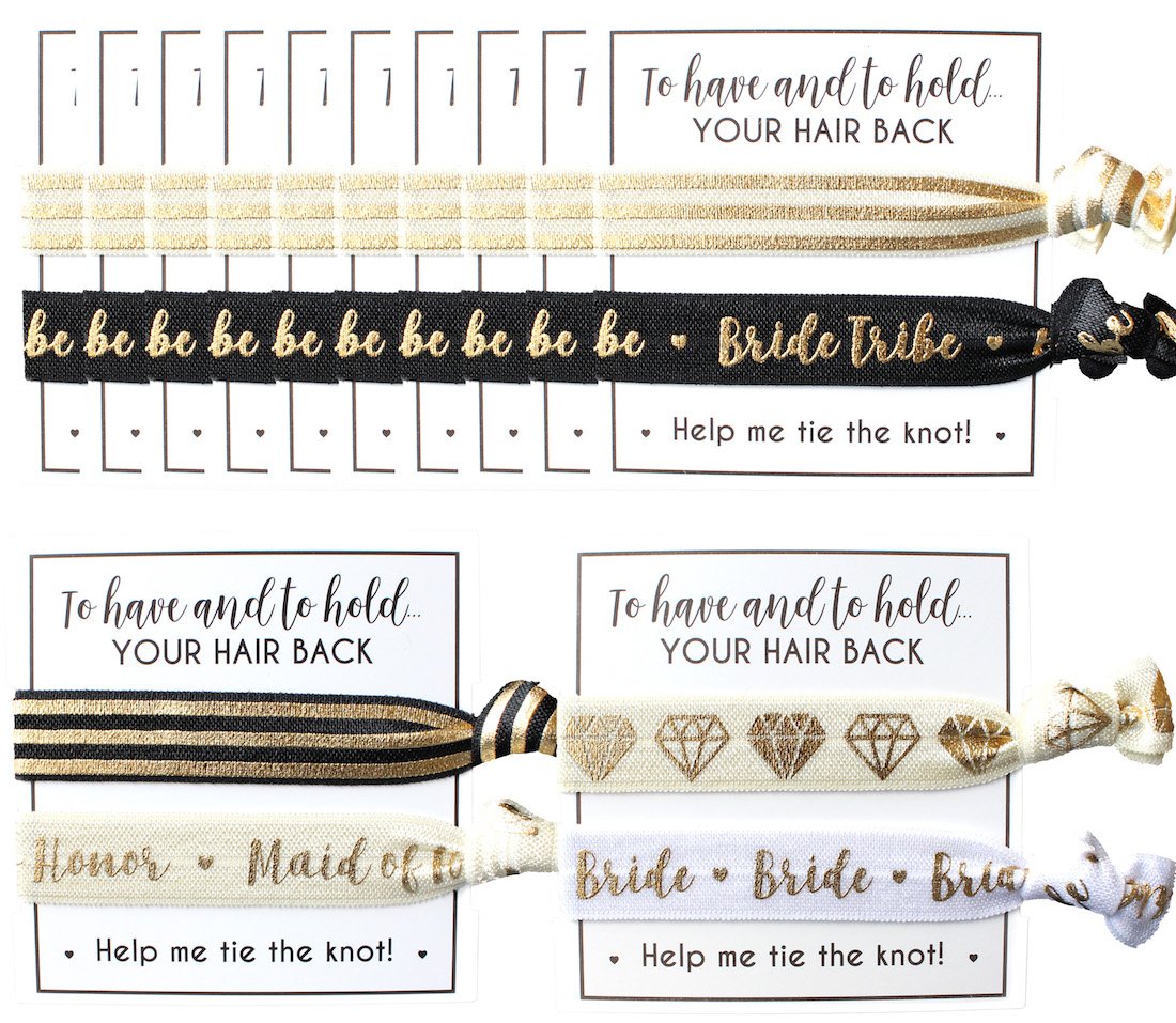 Bride Tribe Hair Tie Cards - Elegant Wedding Hair Accessories for Bridesmaids (12-Pack, Black & Gold) | Perfect for Bachelorette Parties, Wedding Showers & Bridal Favors - Keep Your Hair Stylish on Your Special Day