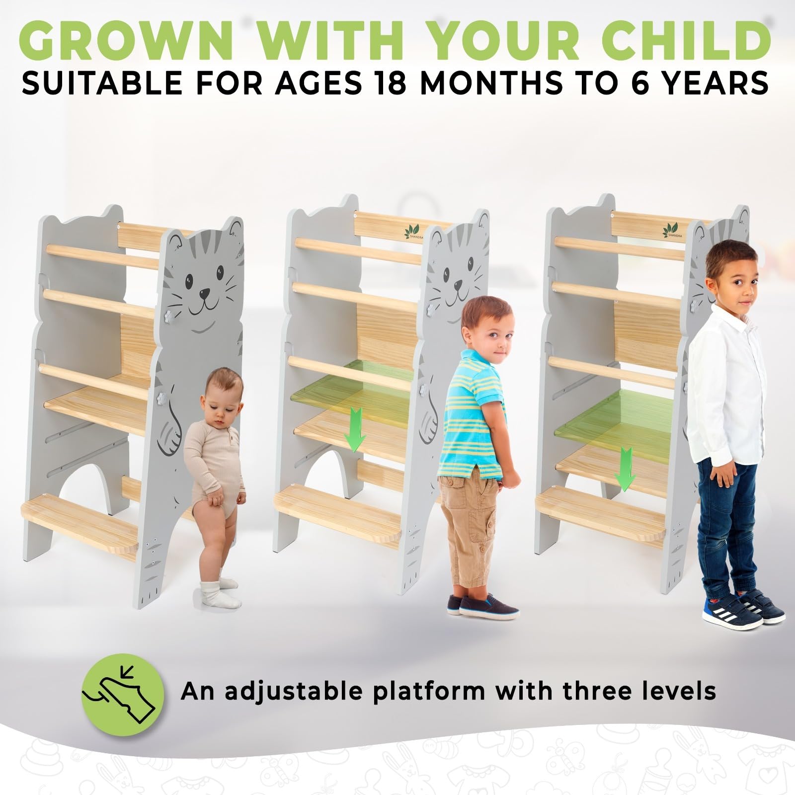 Montessori Adjustable Toddler Tower Stool - Safe Kitchen Step Stool Helper for Kids Ages 1-6 | Learning Tower for Baking, Cooking & Counter Access | Non-Slip Toddler Standing Stool for Home & Preschool