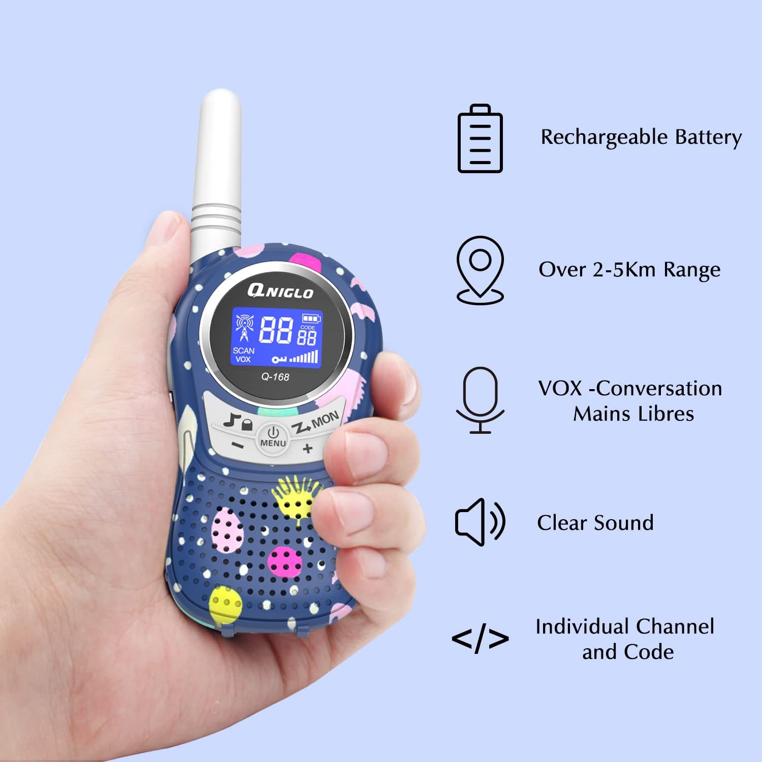 Qniglo Kids Walkie Talkies - Rechargeable Long Range Walkie Talkies with Clear Sound for Boys & Girls Ages 3-8 - Perfect for Outdoor Adventures, Camping, Hiking, and Backyard Play