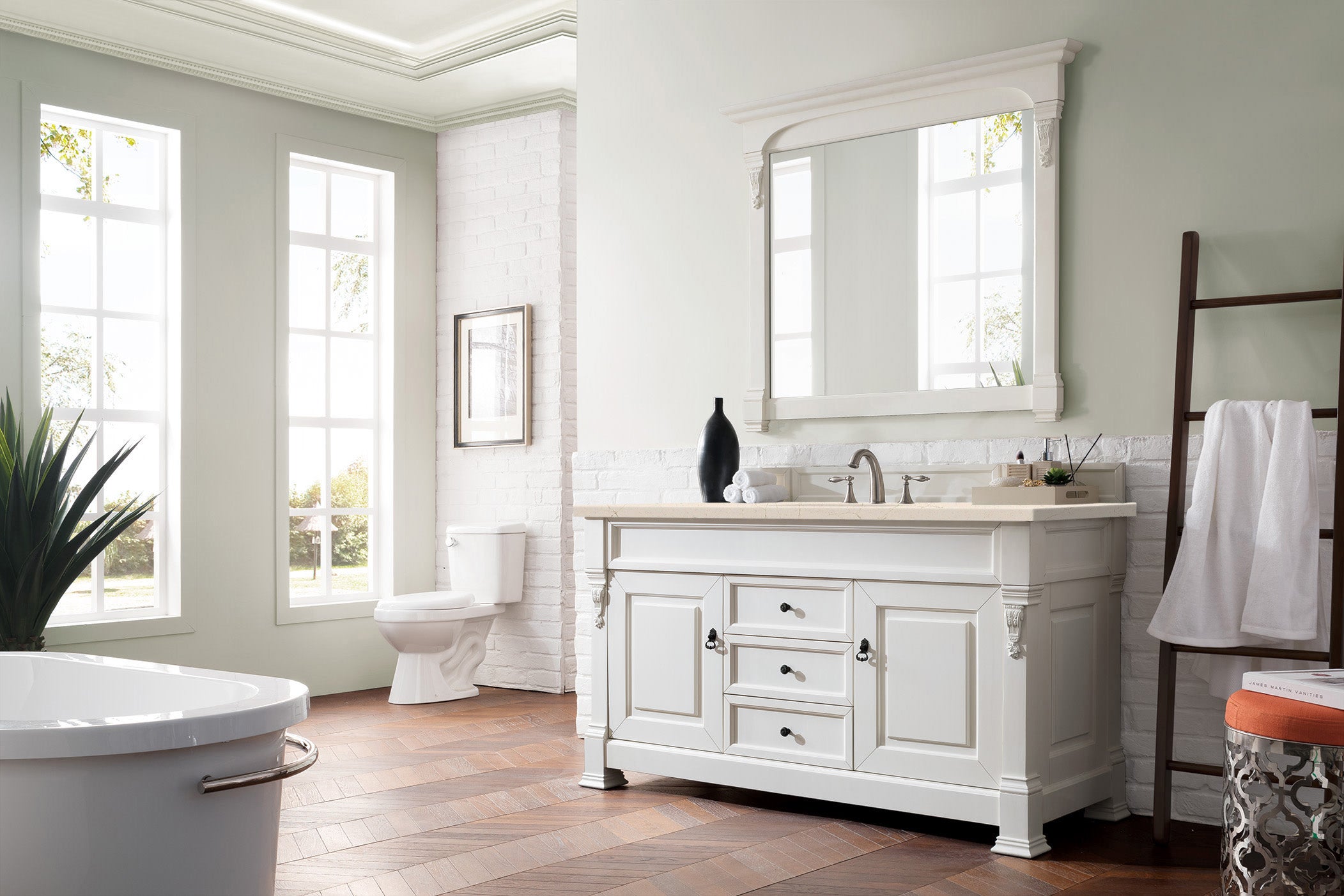 Brookfield 60 Inch Single Bathroom Vanity with Bright White Finish & 3CM Eternal Marfil Quartz Countertop - Perfect for Modern Master Bathrooms & Guest Bath Remodels