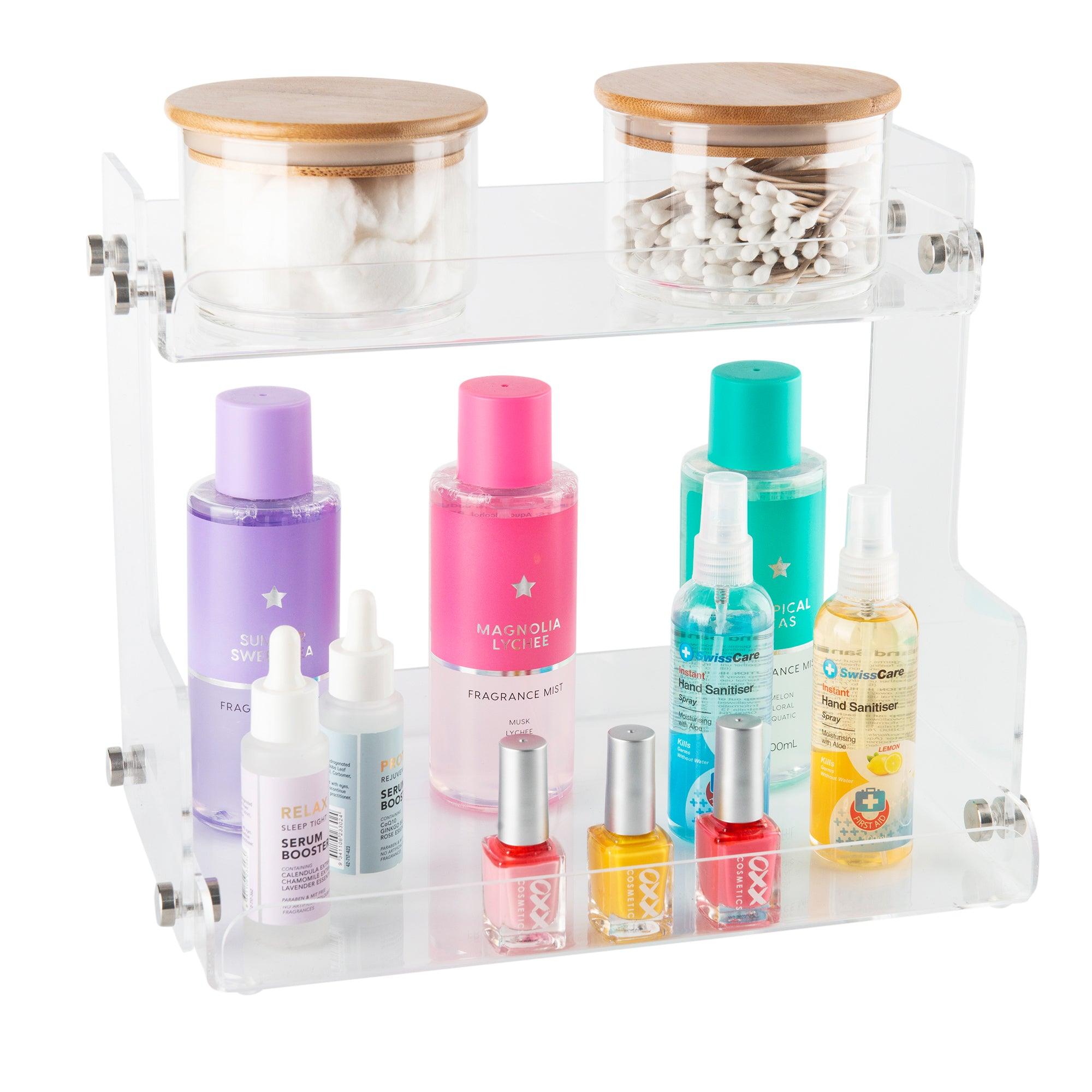 2-Tier Acrylic Shelf Organizer for Bathroom, Kitchen & Office - Clear Storage Display Rack for Makeup, Spices & Supplies