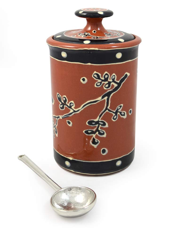 Handcrafted American Terra Cotta Kitchen Canister with Pewter Scoop, Blackbird Design - Perfect for Coffee, Tea & Pantry Storage