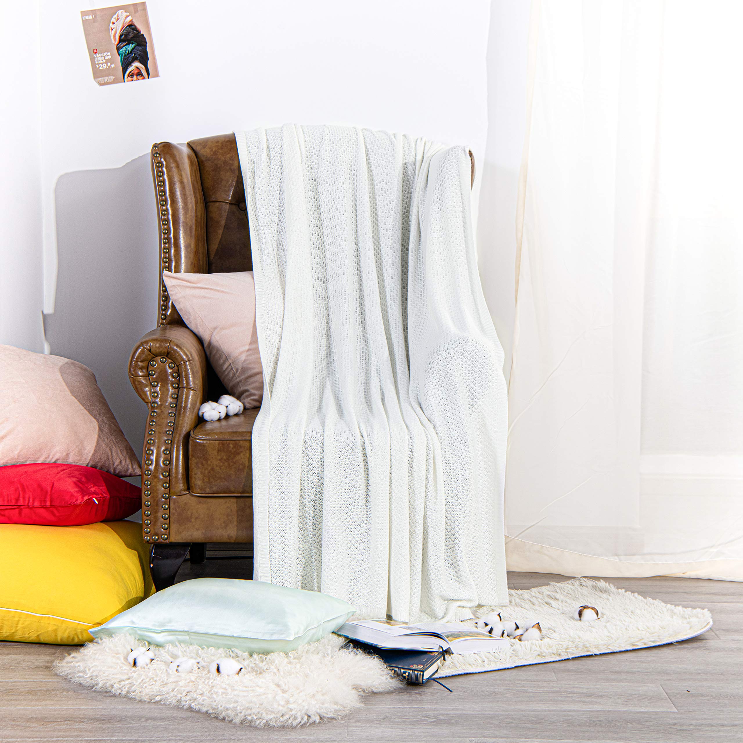 NTBAY Cooling Throw Blanket - Soft & Breathable Bamboo Rayon Cable Knit Blanket (51x67 Inches, 2.2 lbs) - Perfect for Summer Nights, Bedroom Decor, and Cozy Sofa Lounging - White