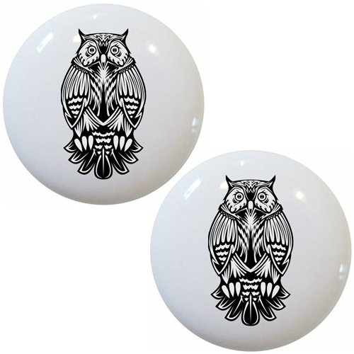 Set of 2 Hand-Painted Tribal Owl Ceramic Drawer Knobs - Boho Chic Cabinet Hardware for Kitchen, Bathroom & Furniture (Black & White Design)