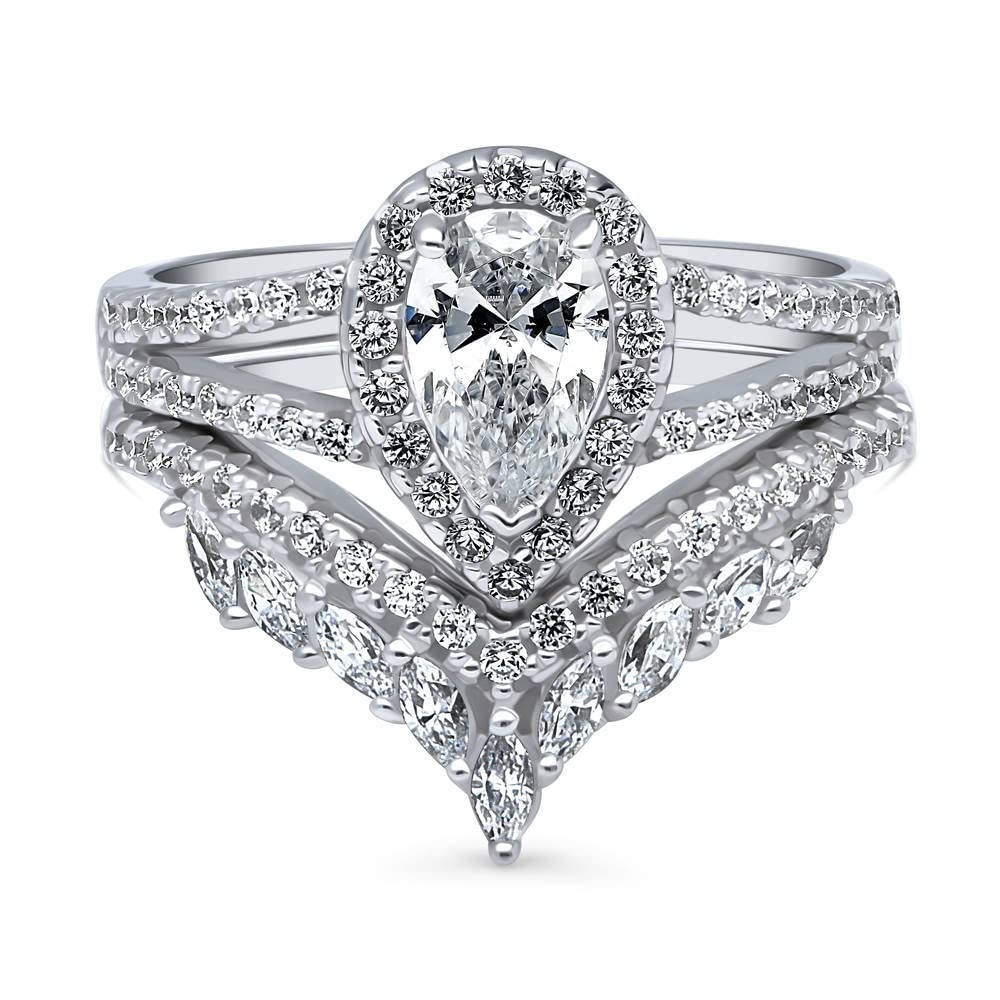 BERRICLE Sterling Silver Pear Cut Cubic Zirconia Halo Engagement Ring Set for Women - Rhodium Plated Wedding Band, Size 4-10, Elegant Wishbone Split Shank Design - Perfect for Proposals, Anniversaries & Special Occasions