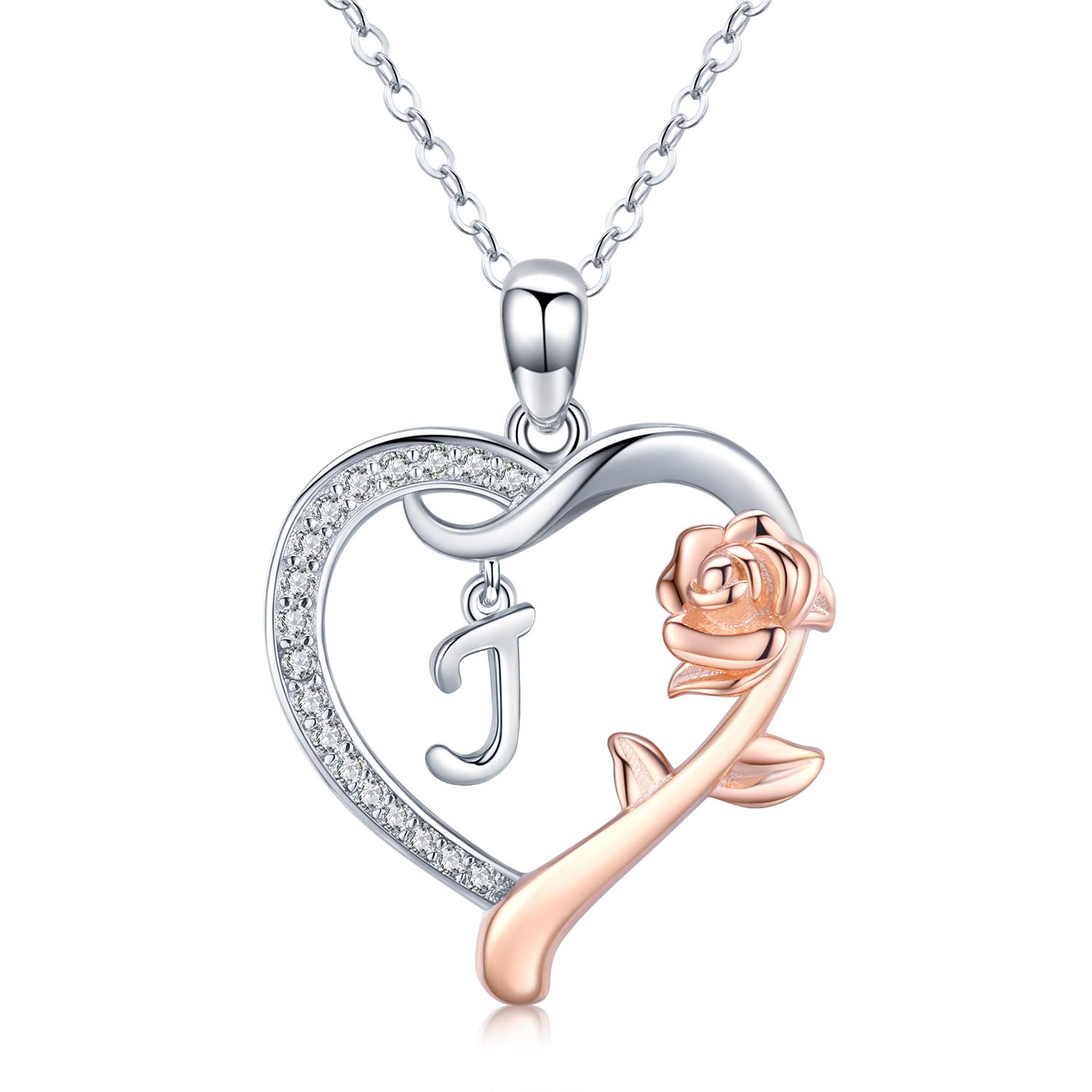 Rose Gold Initial Letter Necklace for Women - Personalized S925 Sterling Silver Heart Pendant with Rose Flower Charm | Birthday Gift, Anniversary Present, Valentine's Day Jewelry for Her | Elegant Everyday Wear & Special Occasions