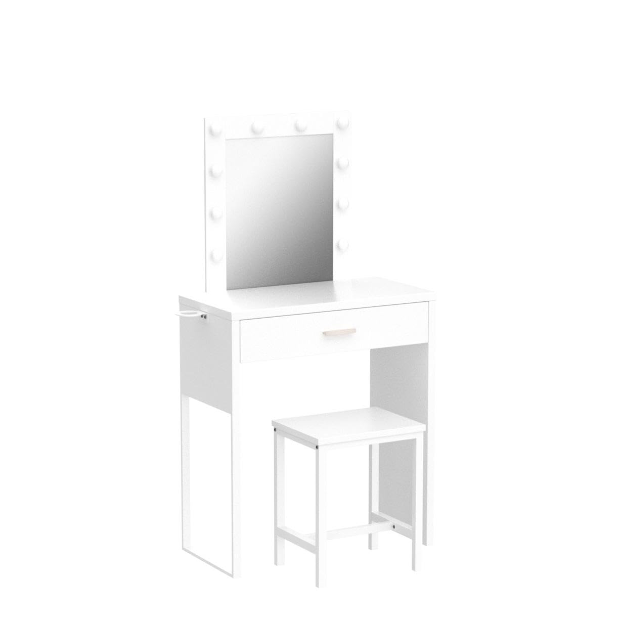 White Makeup Vanity Desk with LED Lights & Mirror - Adjustable Brightness Vanity Table & Chair Set for Girls' Bedroom | Perfect for Beauty Routine, Dressing Area & Small Space Decor