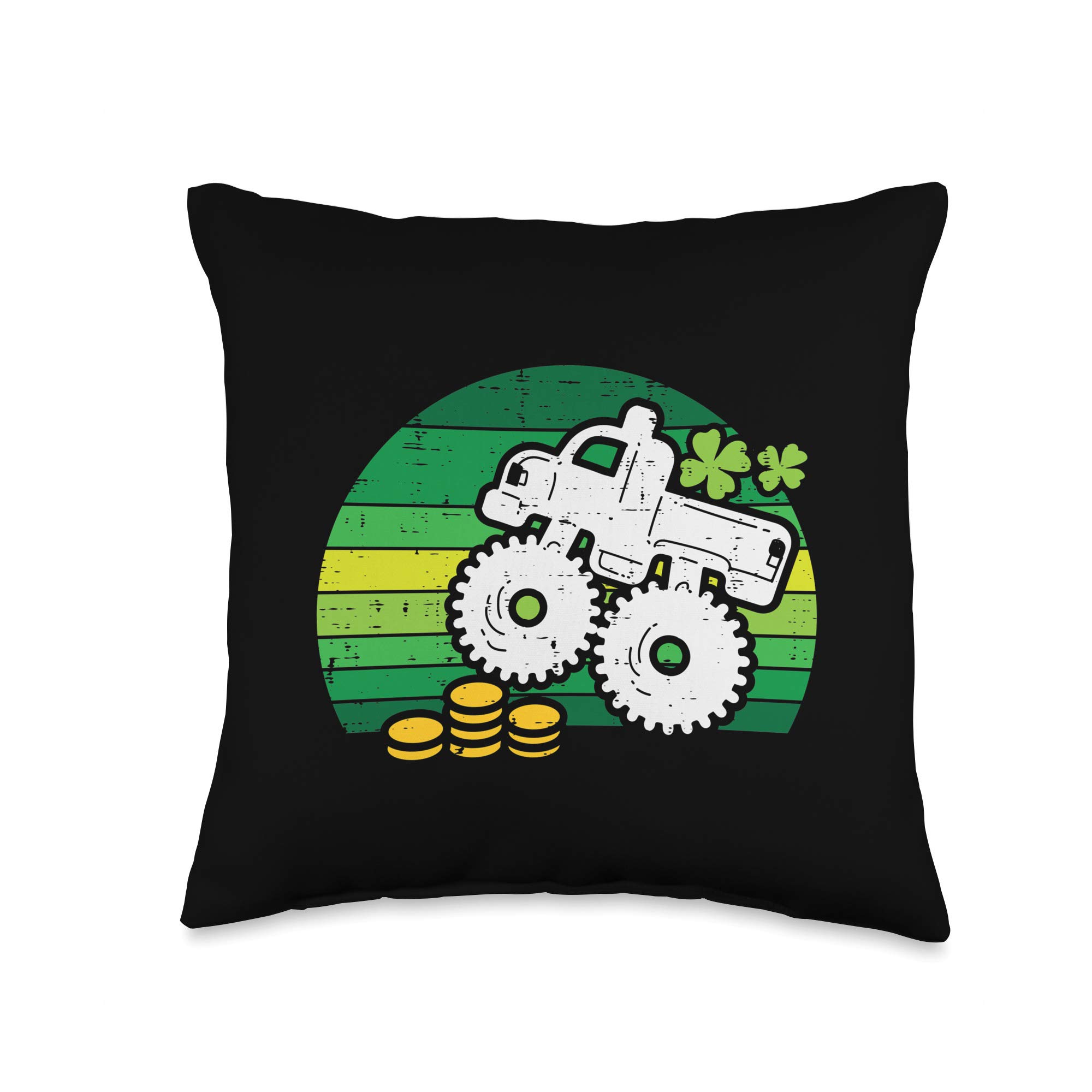 Monster Truck Shamrock Retro St. Patrick's Day Throw Pillow - Fun Gift for Boys & Kids - Perfect for Bedroom Decor, Playroom Accent & Holiday Celebrations