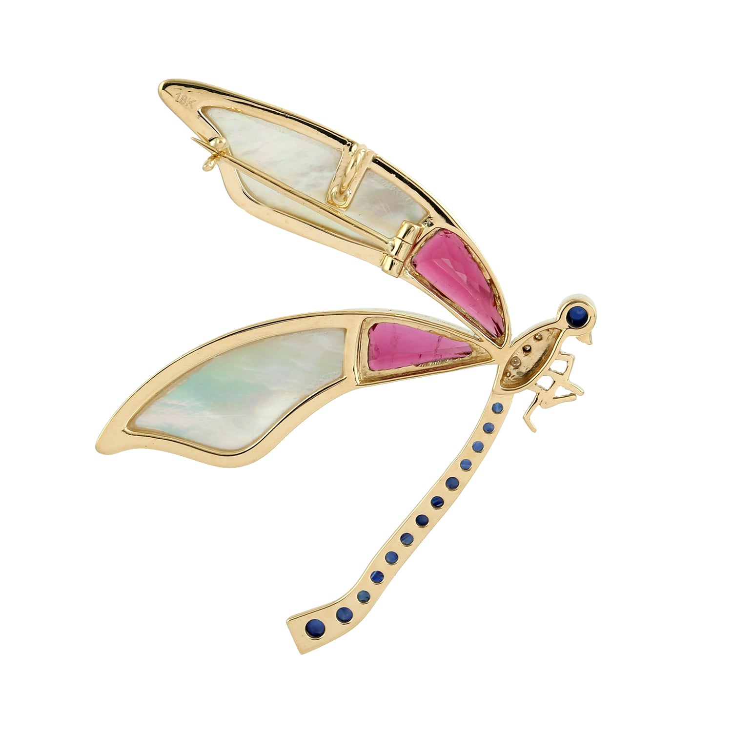 Exquisite Gold Dragonfly Brooch with Pink Tourmaline, Blue Sapphire & Diamond Accents - Handcrafted Mother of Pearl Wing Jewelry for Women - Perfect for Weddings, Parties & Special Occasions