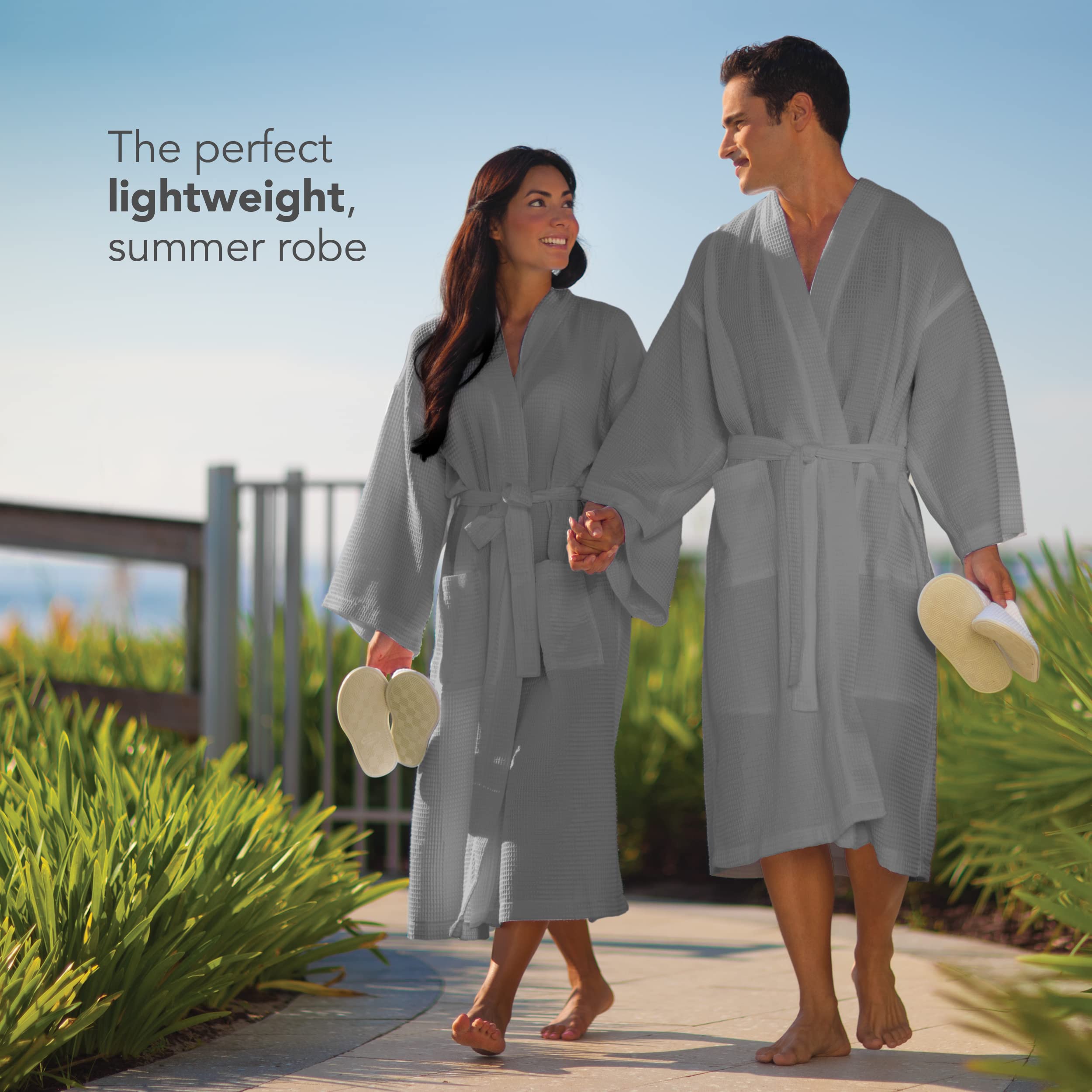 BOCA TERRY Men's Waffle Knit Spa Robe - Lightweight Long Cotton Kimono Bathrobe for Hotel & Home Use - Soft Lounge Robe for Relaxation, Spa Days and Cozy Evenings