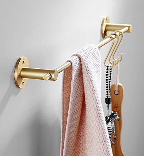 21.6 Inch Brass Towel Bar with 5 S-Shaped Hooks - Brushed Gold Bathroom & Kitchen Towel Rack - Perfect for Hanging Towels, Robes, and Kitchen Utensils in Modern Homes