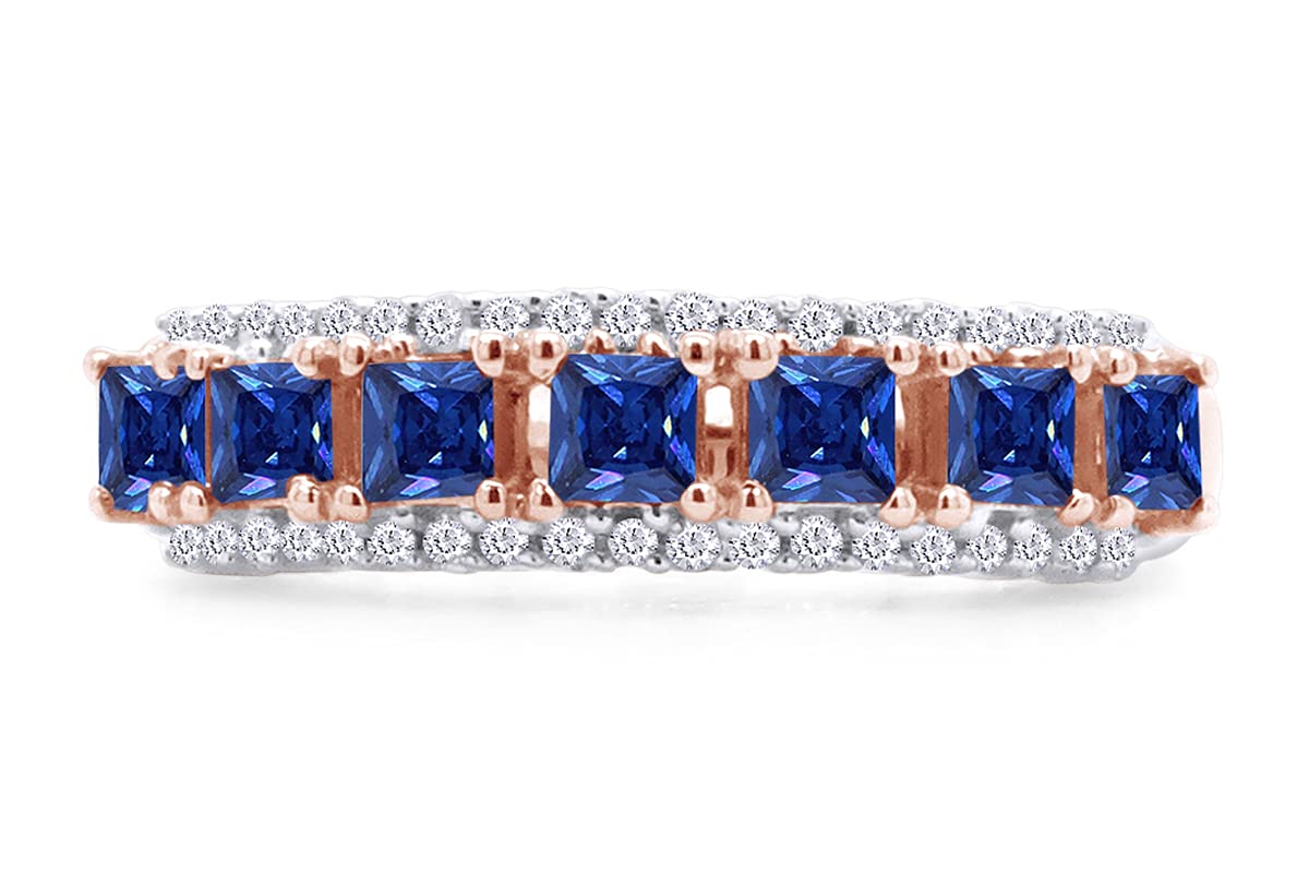 0.50 Ct Princess Cut Blue Sapphire & 0.13 Ct Round White Diamond Wedding Band Ring - 14k Gold Plated 925 Sterling Silver Jewelry for Women (0.63 CTTW) - Perfect for Engagement, Anniversary & Bridal Gift