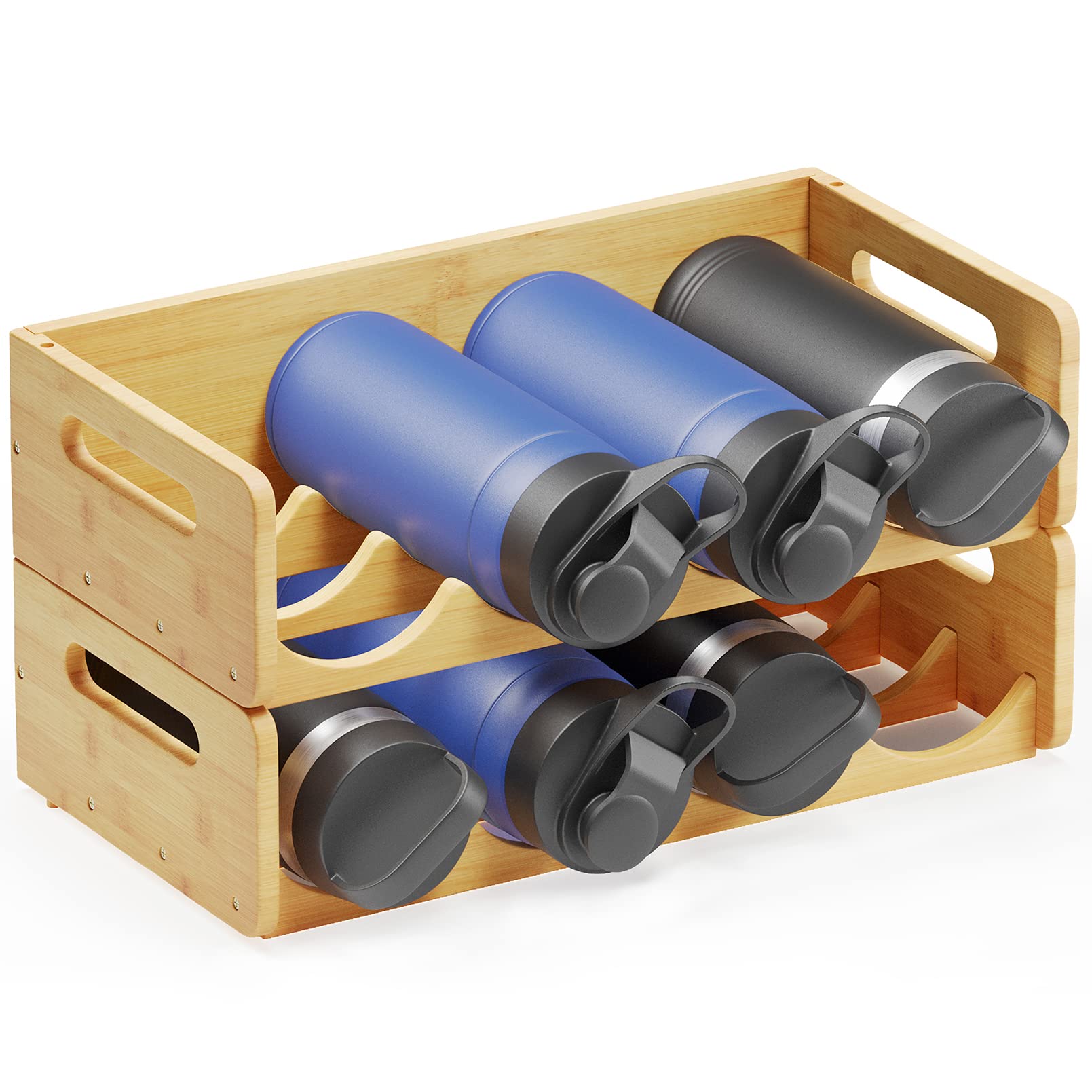 SpaceAid 2-Pack Bamboo Water Bottle Organizer with Labels - 4-Slot Kitchen Pantry Storage Rack for Cabinets, Holds 8 Bottles - Perfect for Organizing Cups, Wine Bottles & Drinkware in Home, Office or RV