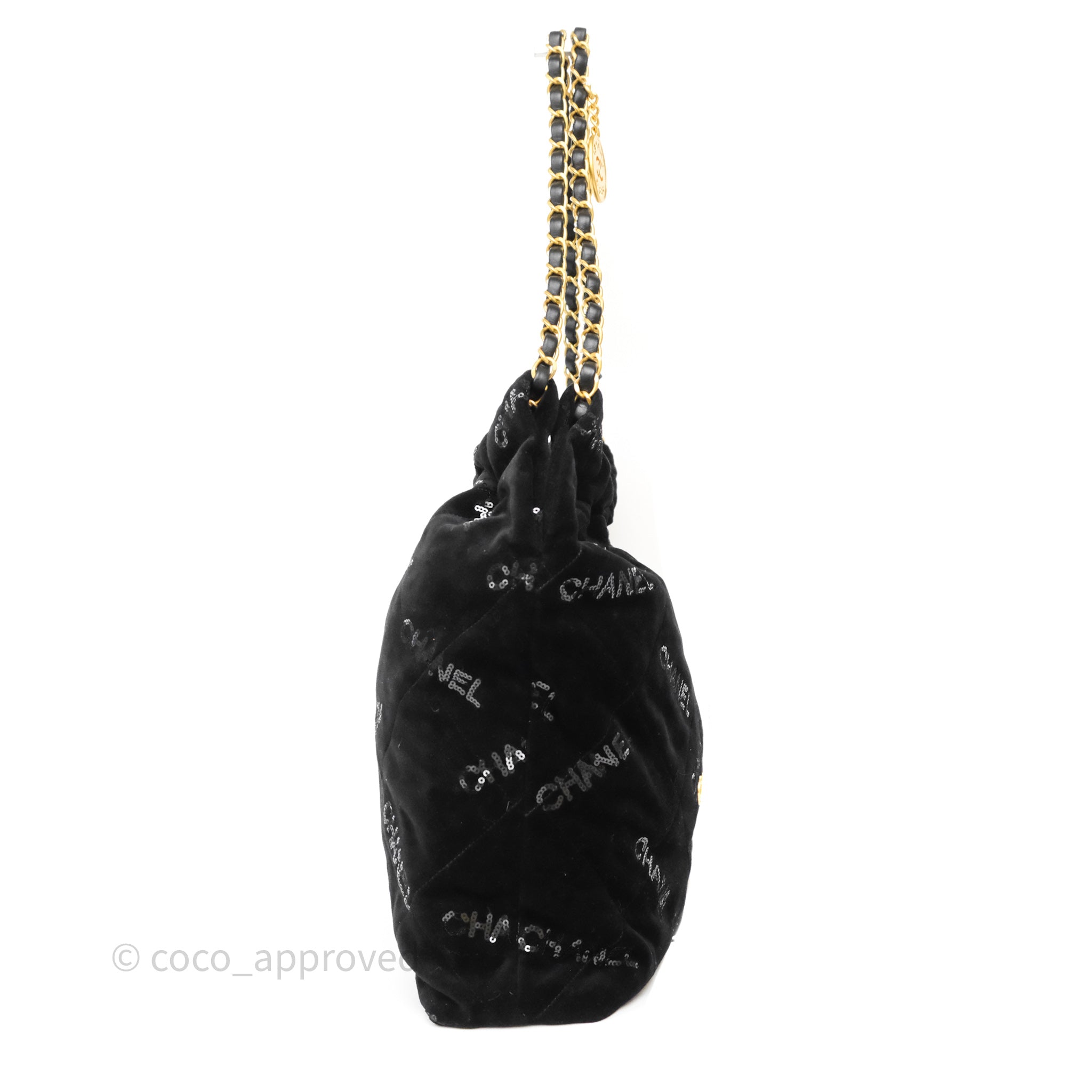 Chanel 22 Medium Handbag with Sequins Logo in Black Velvet - Perfect for Evening Parties, Date Nights & Luxury Fashion Events