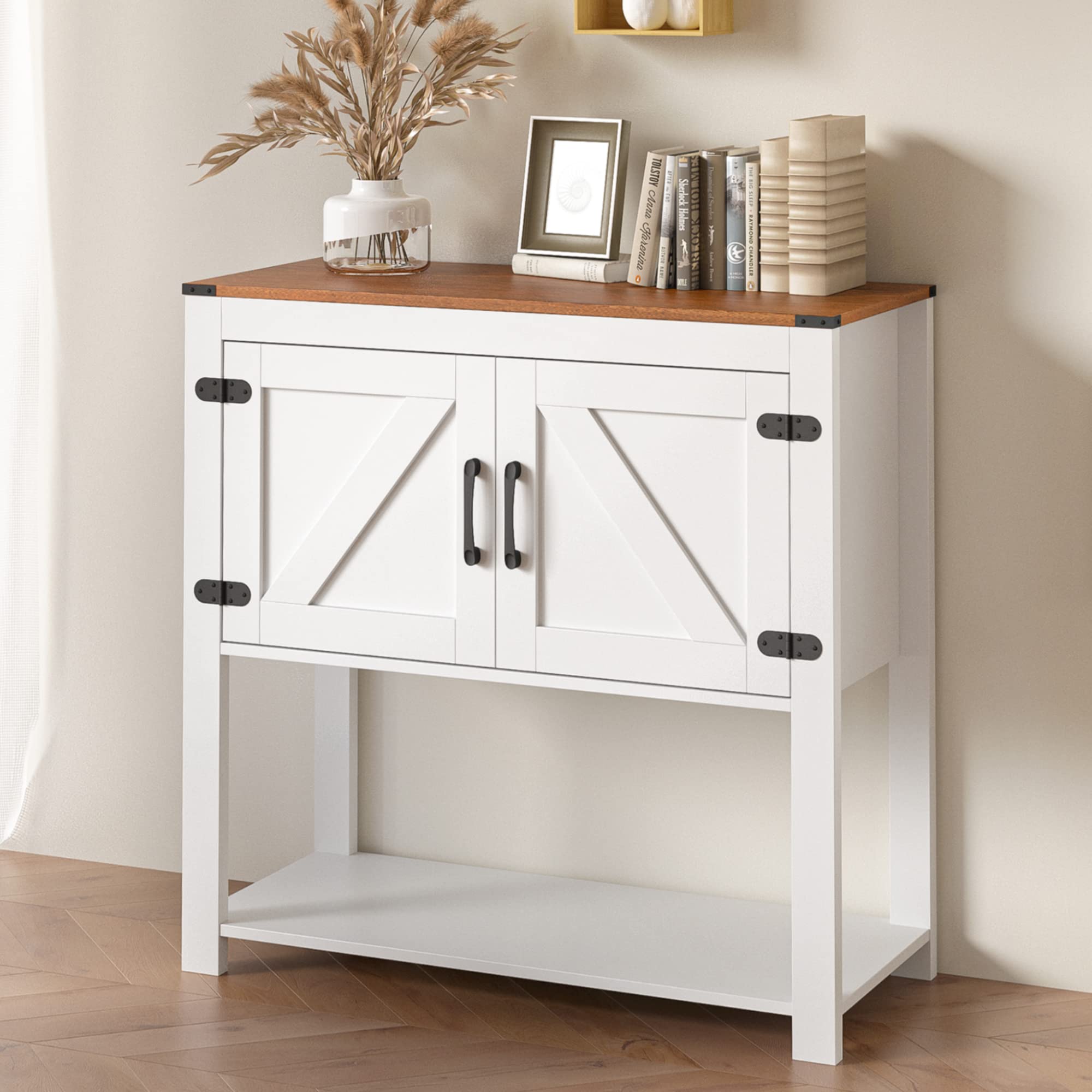 Cozy Castle Farmhouse Coffee Bar Cabinet - 2-Door Buffet Table with Storage for Entryway, Kitchen & Bathroom | White Shabby Chic Accent Furniture for Coffee Station & Home Organization