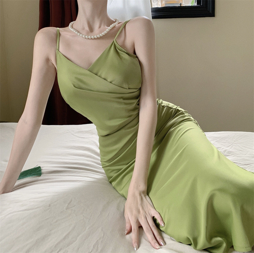 Elegant Green Satin Summer Dress - Slim Fit V Neck Spaghetti Strap Evening Gown for Women | Perfect for Cocktail Parties, Date Nights & Special Occasions