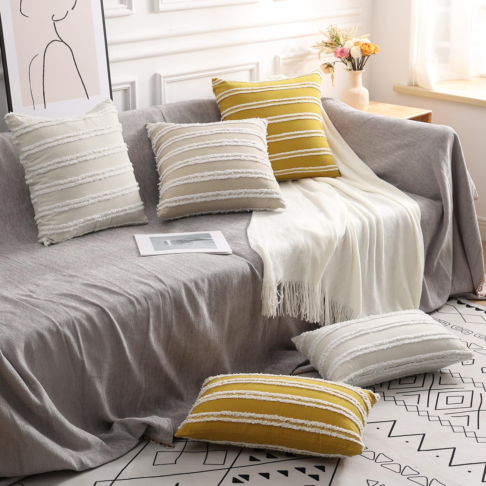 Pallene Boho Decorative Throw Pillow Covers 26x26 Set of 2 - Cotton Linen Couch Sofa Pillow Covers for Living Room, Bedroom, Home Decor - Beige Bohemian Style Accent Pillows for Cozy Home & Gift Ideas