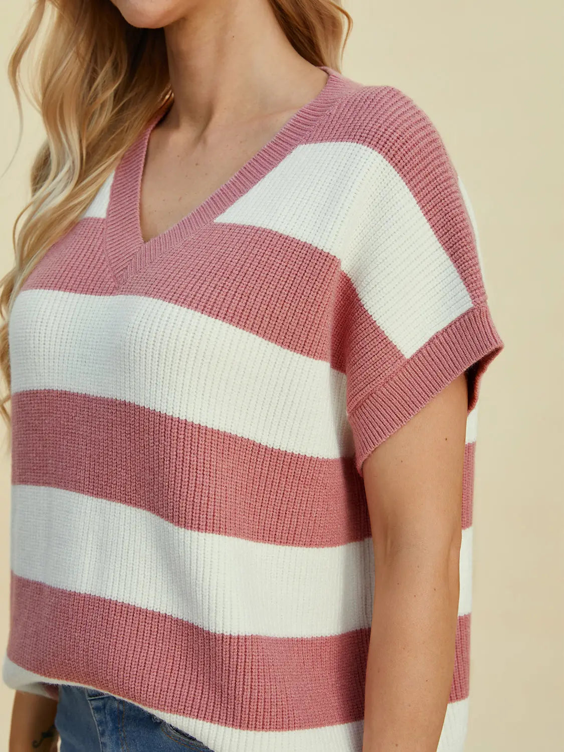Double Take Full Size Striped V Neck Short Sleeve Sweater for Women - Soft Knit Pullover Casual Top for Spring & Summer Outfits | Office Wear, Date Night, Weekend Brunch