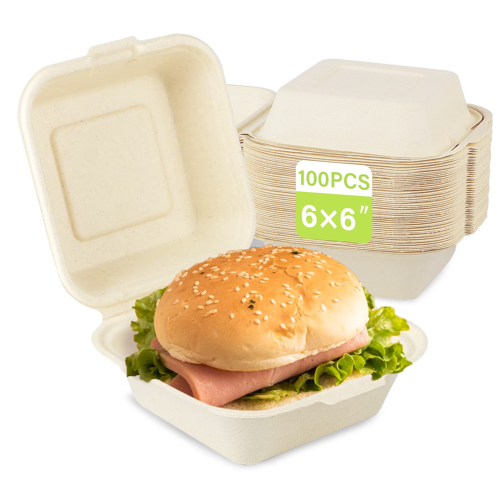Eco-Friendly Compostable 6x6 Take Out Food Containers - 100 Pack Biodegradable Clamshell To-Go Boxes Made from Sugarcane Fiber | Heavy Duty Disposable Containers for Restaurants, Catering & Food Delivery Services