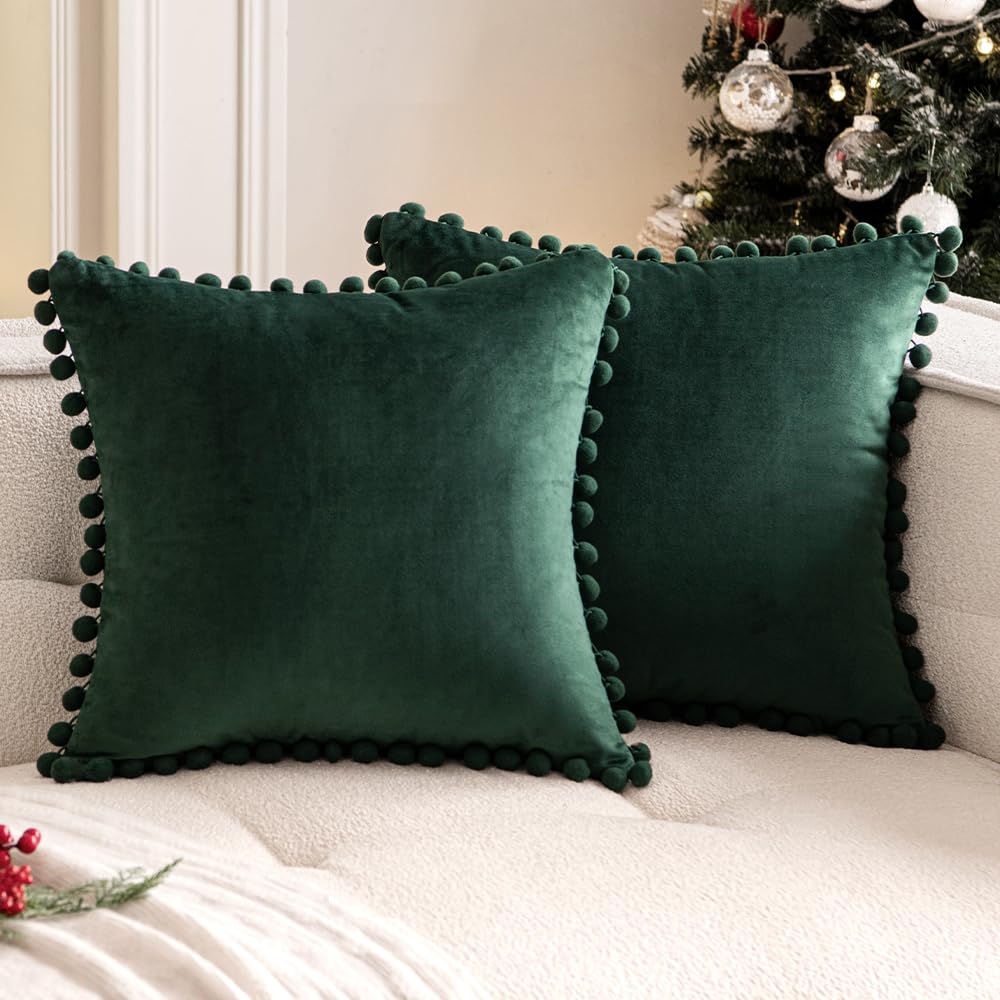 Woaboy 18x18 Inch Dark Green Velvet Throw Pillow Covers Set of 2 - Soft Cozy Pom-Pom Decorative Cushion Covers for Couch, Sofa, Bedroom - Farmhouse Home Decor (Perfect for Living Room, Nursery & Guest Room)