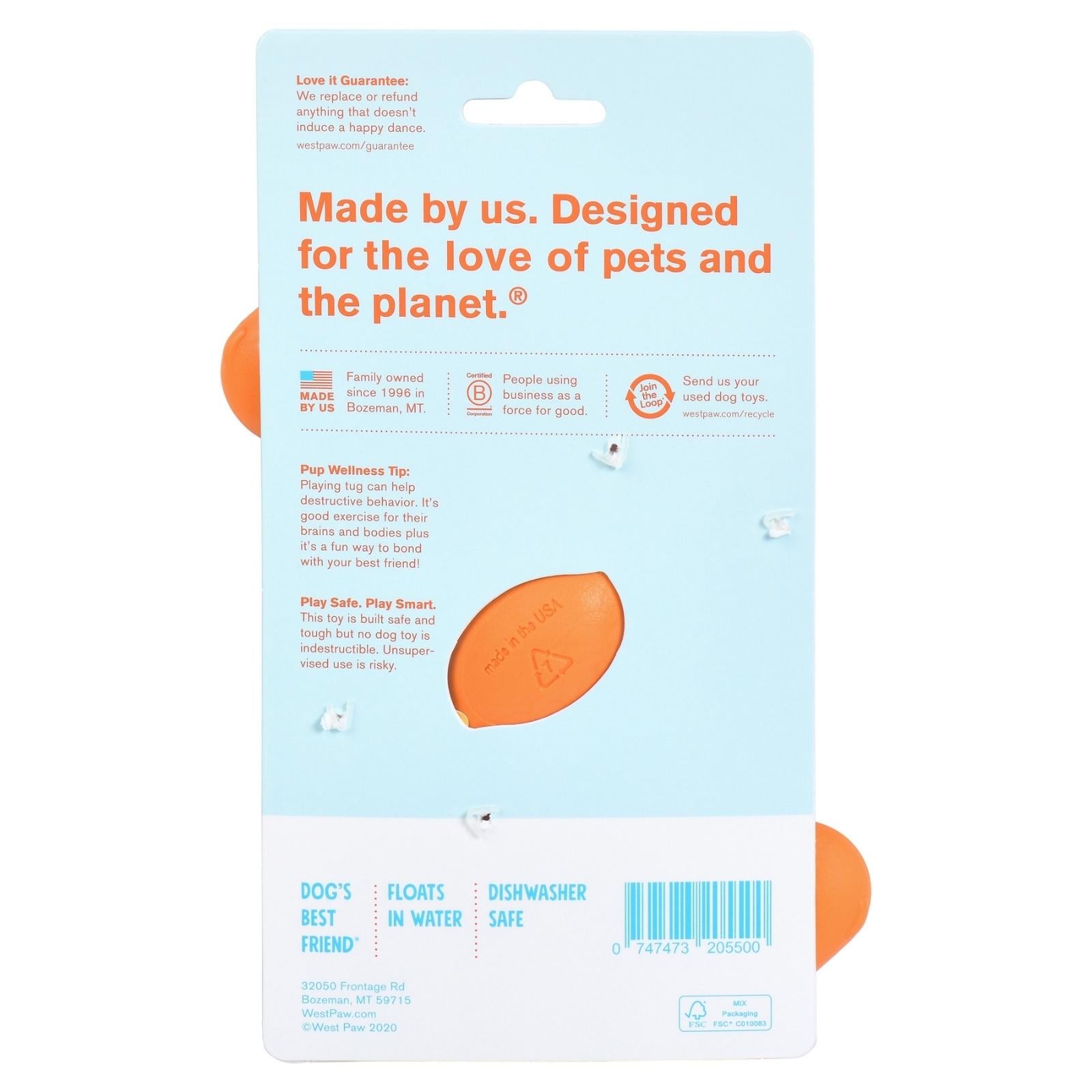 West Paw® Orange BUMI Dog Toy - Durable Chew Toy for Aggressive Chewers, Interactive Fetch & Tug-of-War Game - Perfect for Indoor & Outdoor Playtime