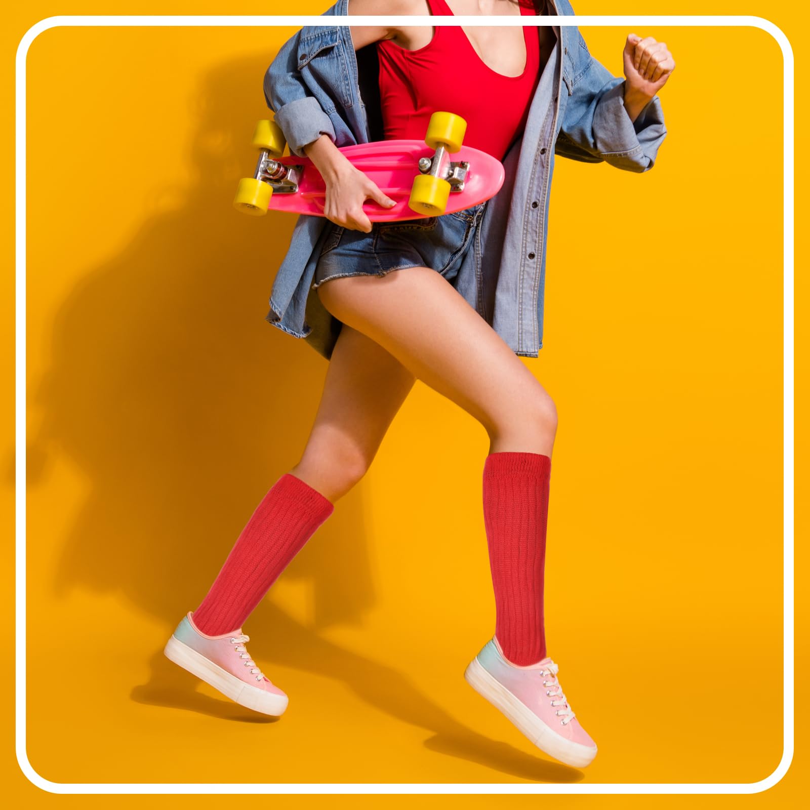 Women's Knee High Red Slouch Socks - 80s 90s Retro Style Long Boot Socks for Girls & Women | Perfect for Vintage Outfits, Costume Parties & Winter Layering