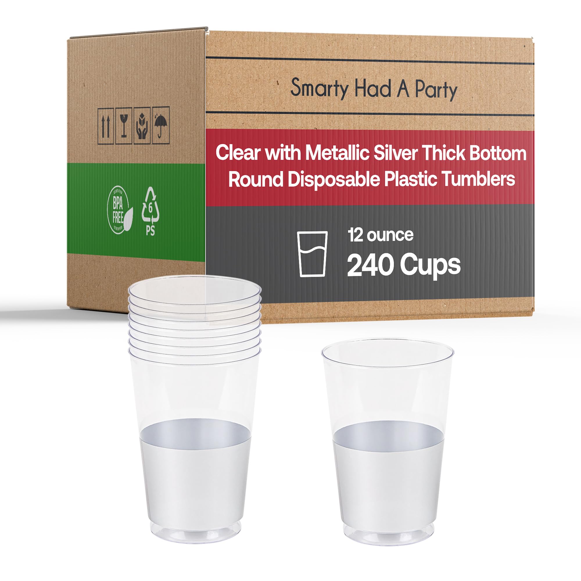 Smarty Had A Party 12 oz Clear Disposable Plastic Cups with Silver Bottom – 240 Pack Tumbler Cups for Cocktails, Iced Coffee, Party Drinks & Beverages – Perfect for Weddings, BBQs, Office Events & Home Entertaining