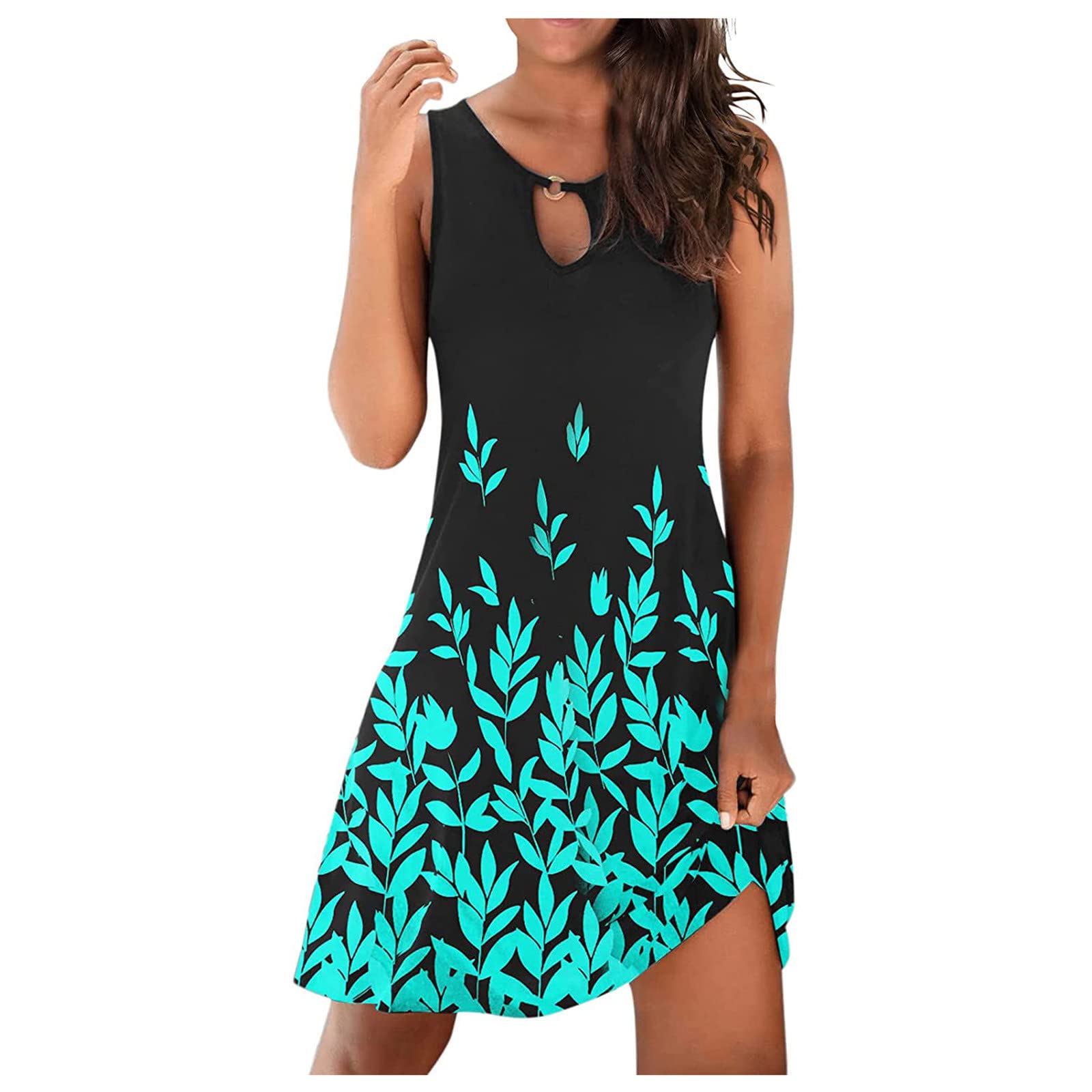 MEOILCE Women's Mini Dress - Sleeveless Crew Neck Hollow Printed Retro Sundress for Wedding Guest, Beach, Party & Summer Outfits
