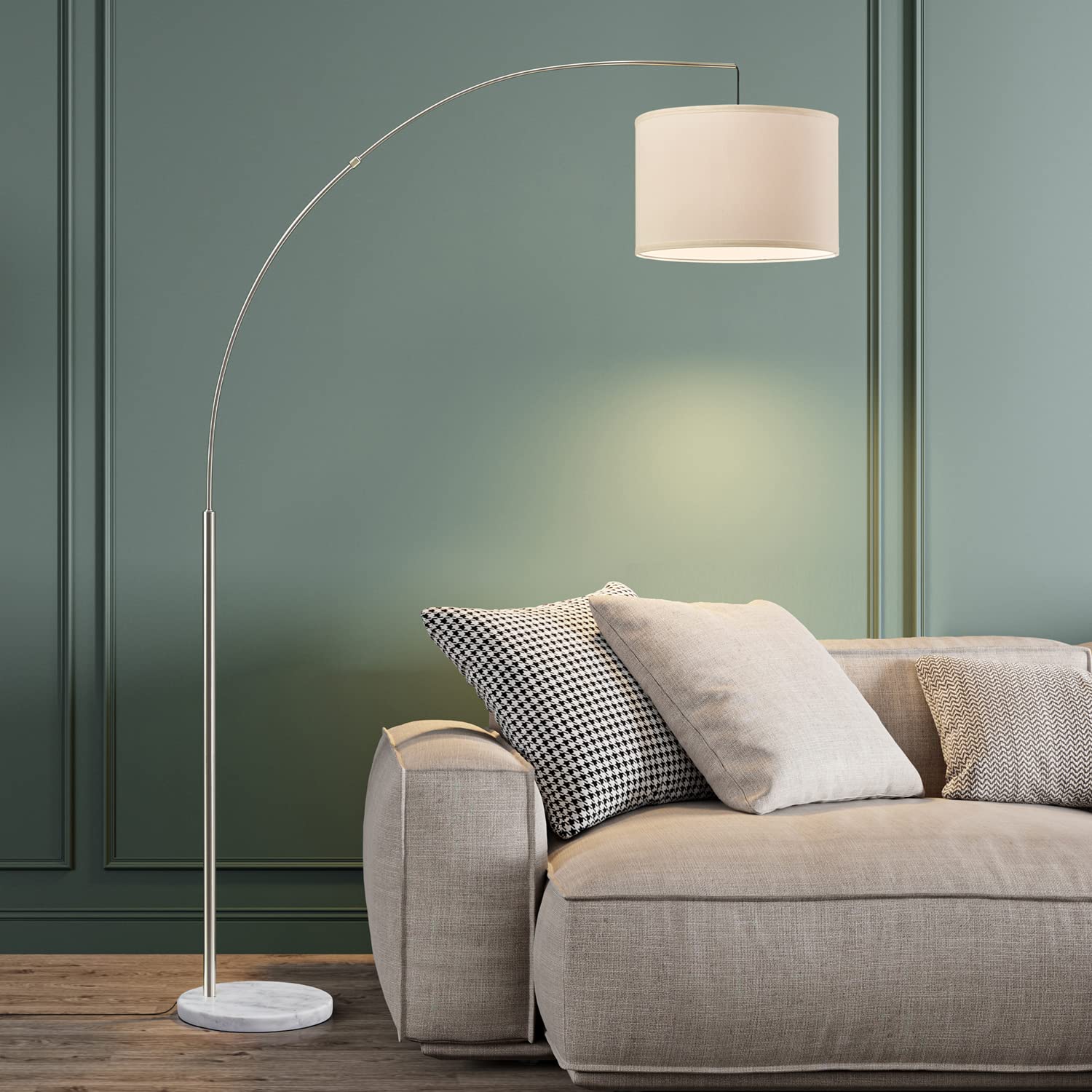 Oneach Modern Arc Floor Lamp - Brushed Steel Standing Light for Living Room, Bedroom, Office - Adjustable Arch Design with Hanging Shade for Reading Over Couch, Sofa or Desk - Silver Finish