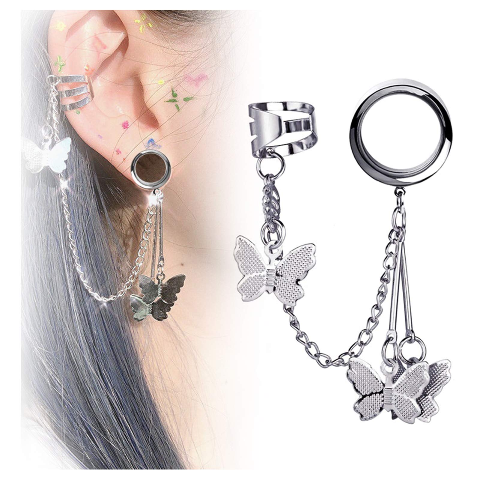 1 Pair Hip-Hop Ear Tunnels Plugs with Long Chain & Ear Cuff - Cool Bone Clip Earrings for Women - Trendy Party Jewelry - Perfect for Ear Piercing & Night Out Accessories