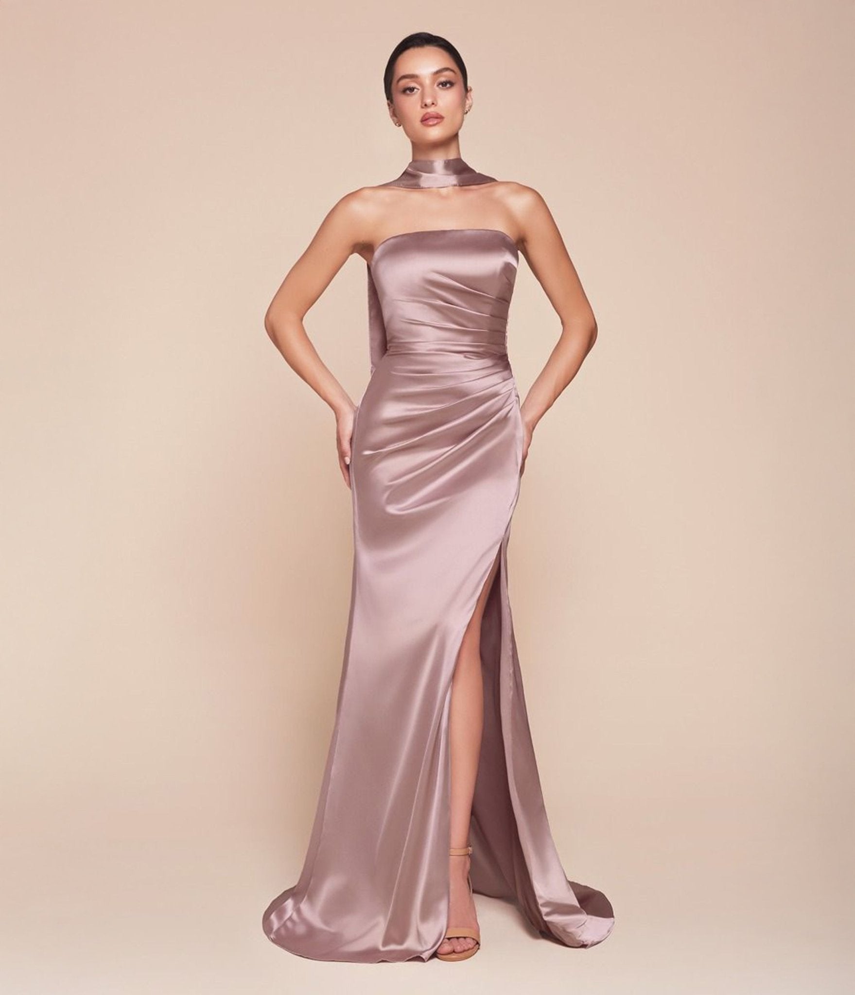 Ladivine by Cinderella Divine Mauve Strapless Satin Prom Dress with Detachable Sash - Perfect for Weddings, Parties & Special Occasions
