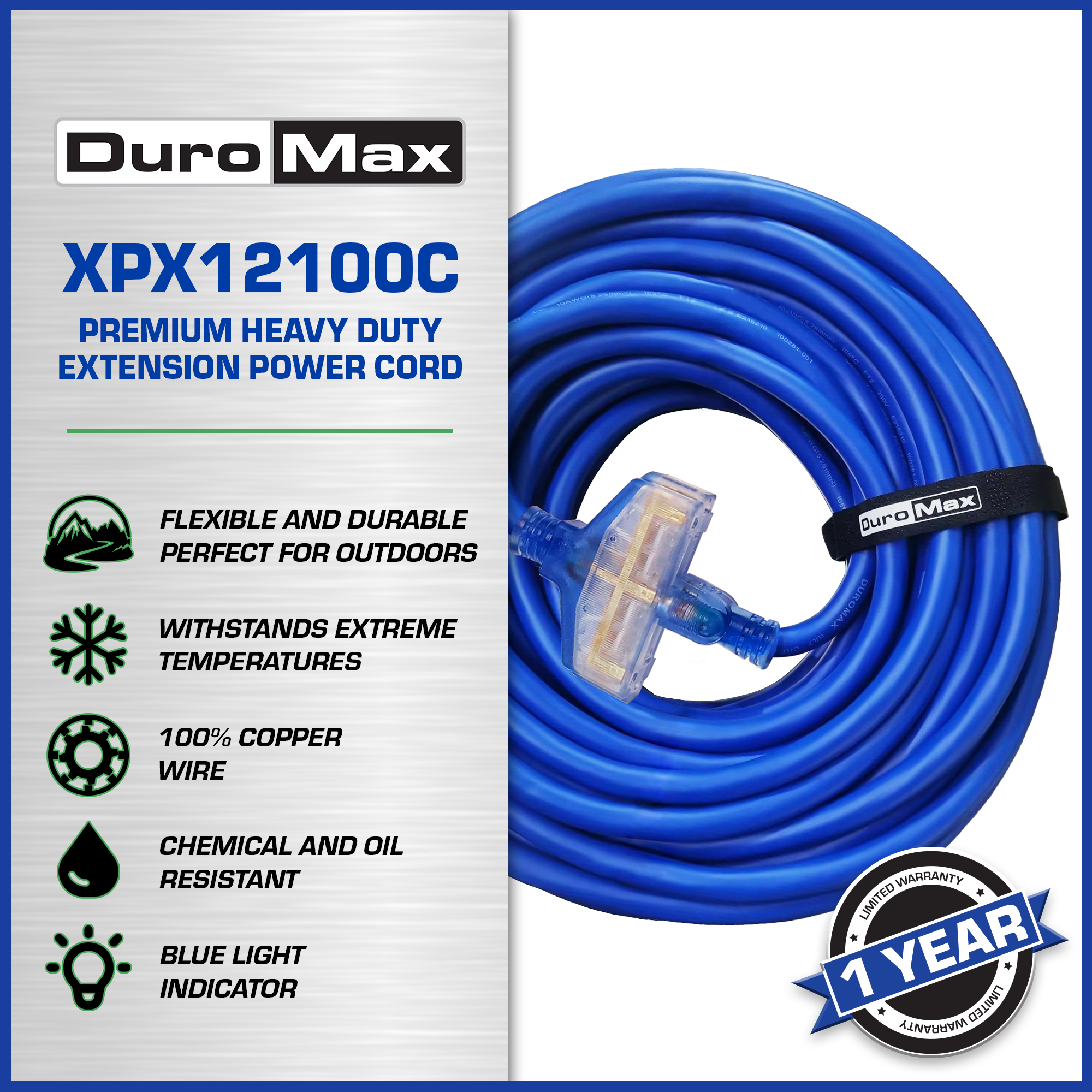 DuroMax XPX12100C 12 Gauge 100ft Heavy Duty Extension Cord with Triple Tap - SJEOOW Certified for Outdoor/Indoor Use - Perfect for Power Tools, Construction Sites, and Home Appliances