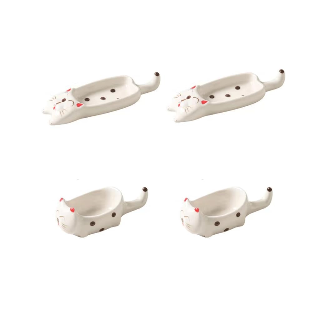 4-Piece Cartoon Sauce Dishes - Ceramic Chopstick Holder for Kitchen (White & Kitten) - Perfect for Sushi & Dumplings