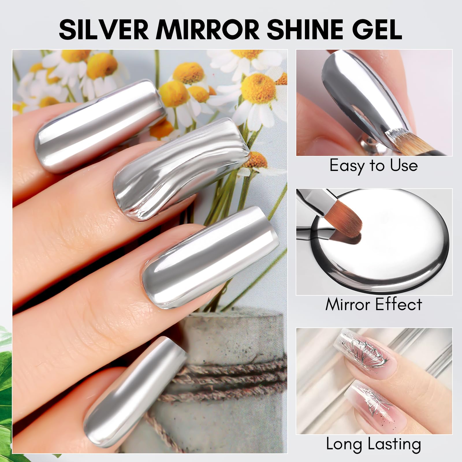 Makartt Super Strong Nail Rhinestone Glue - 8ml Mirror Shine UV/LED Gel for Nail Art | Perfect for Rhinestone Application, Metallic Silver Designs & Professional Salon Use