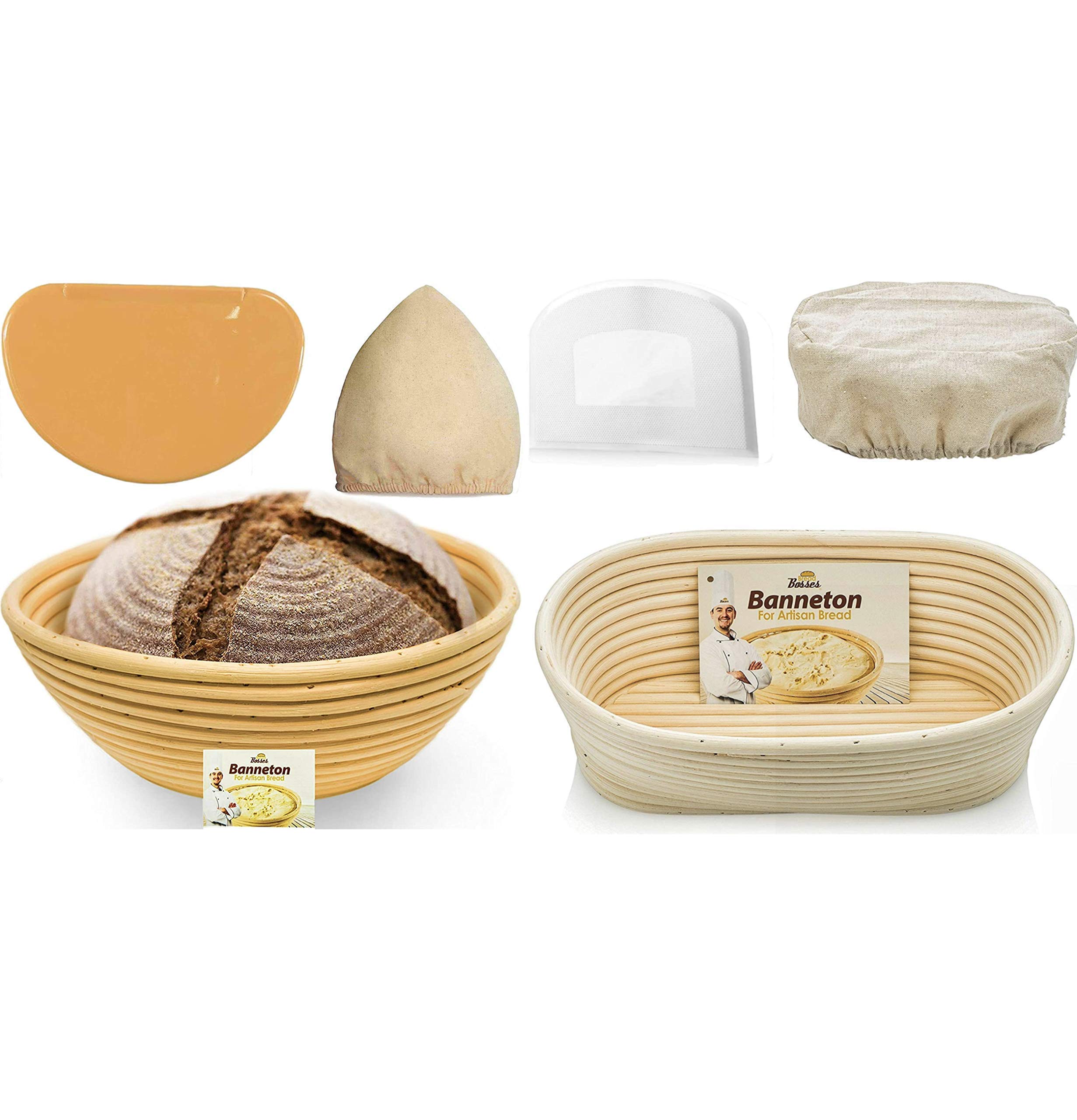 Bread Bosses Round & Oval Banneton Proofing Basket Set - Sourdough Bread Making Kit with Lame Scraper & Starter Jar - Perfect for Artisan Baking & Gift Giving - Home Bakery Essentials for Bread Lovers