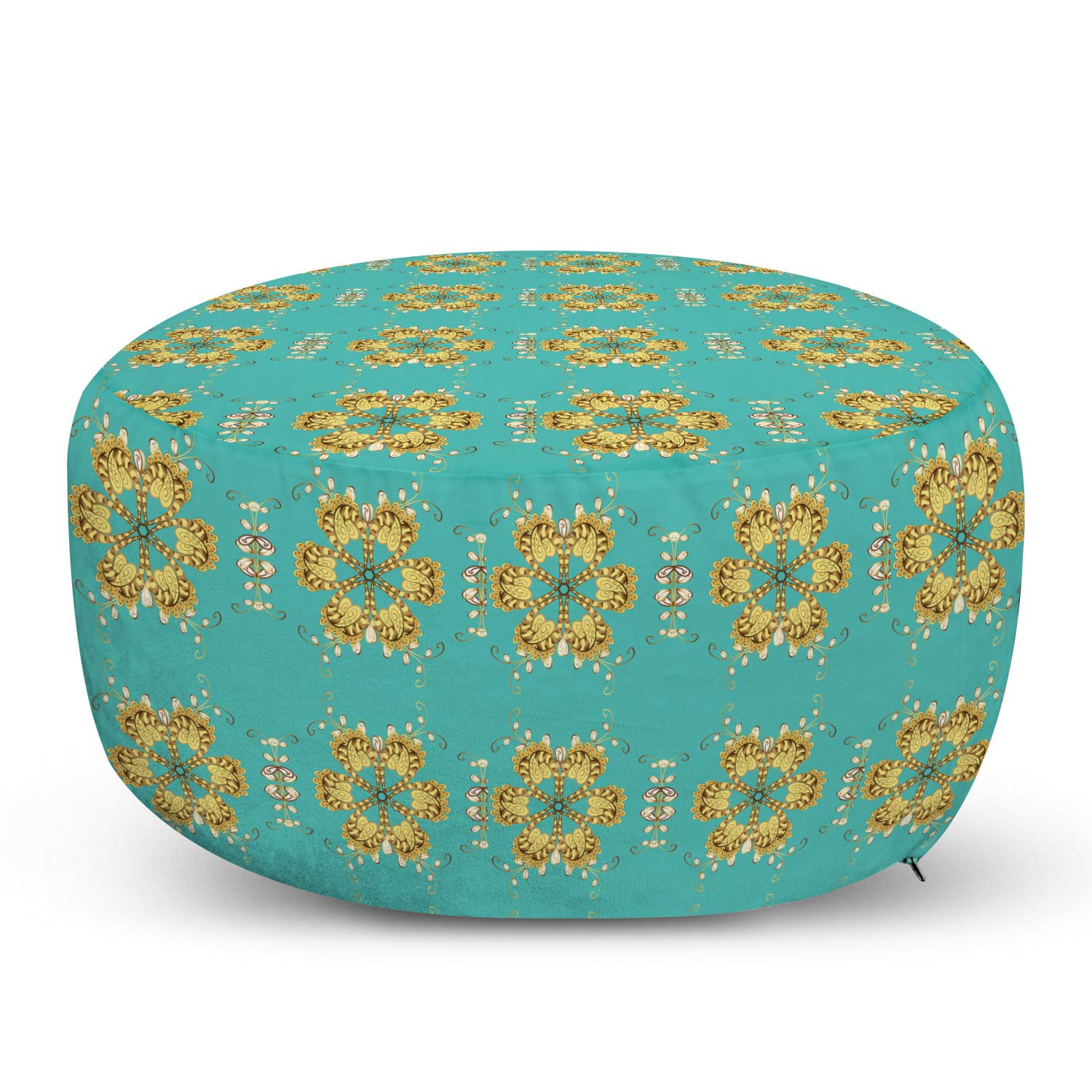 Ambesonne Yellow Damask Ottoman Pouf - Oriental Geometric Hexagon Pattern Foot Rest with Removable Cover for Living Room & Bedroom - Turquoise Yellow Home Decor Accent | Perfect for Lounging, Reading Nooks & Guest Seating