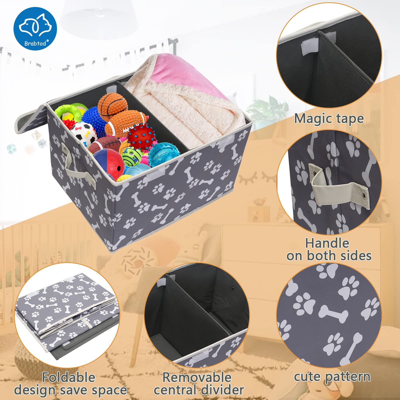 Durable Large Dog Toy Storage Box with Lid - Collapsible Canvas Pet Organizer Basket for Toys & Supplies (17