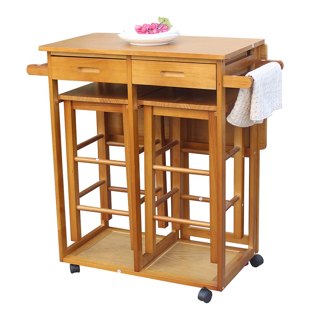3 Piece Dining Table Set with 2 Stools - Compact Kitchen Table for Small Spaces - Removable Rolling Pub Bar Table with 2 Drawers - Brown - Perfect for Apartments, Dorms & Small Kitchens - Space Saving Dining Solution