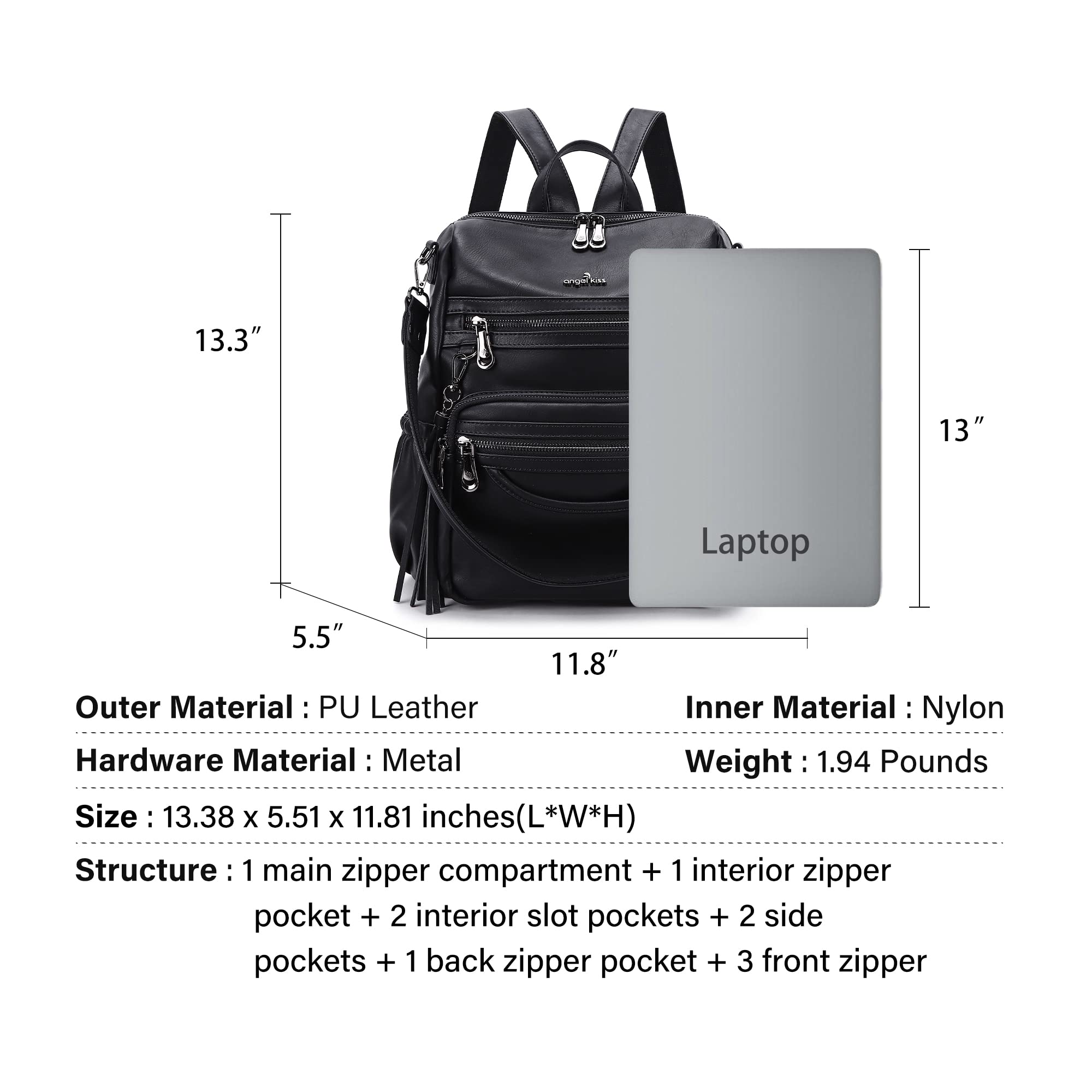 Angel Kiss Women's PU Leather Backpack Purse - Stylish Zipper Casual Backpack & Shoulder Bag for Work, Travel & Daily Use