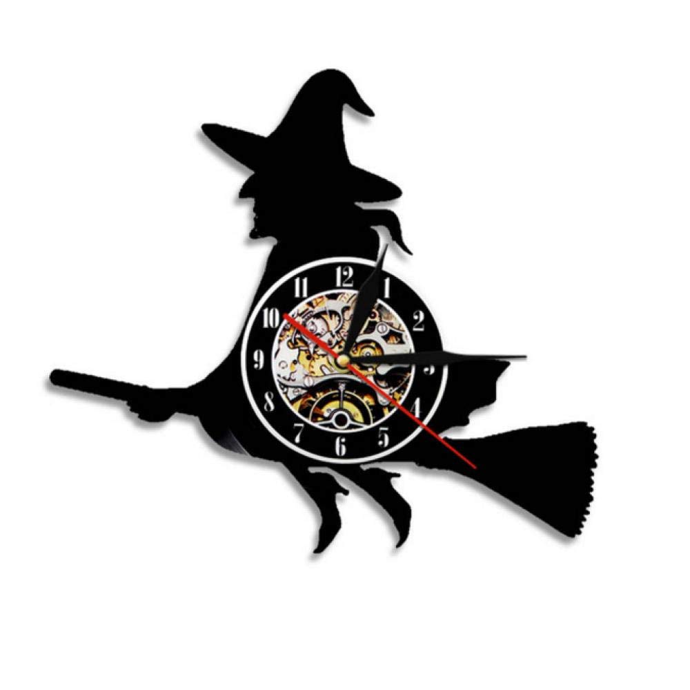 Happy Halloween Witch on Broomstick Wall Clock - Vintage Vinyl Record Wall Art Decor for Halloween Party, Witchcraft Themed Room & Spooky Home Decor
