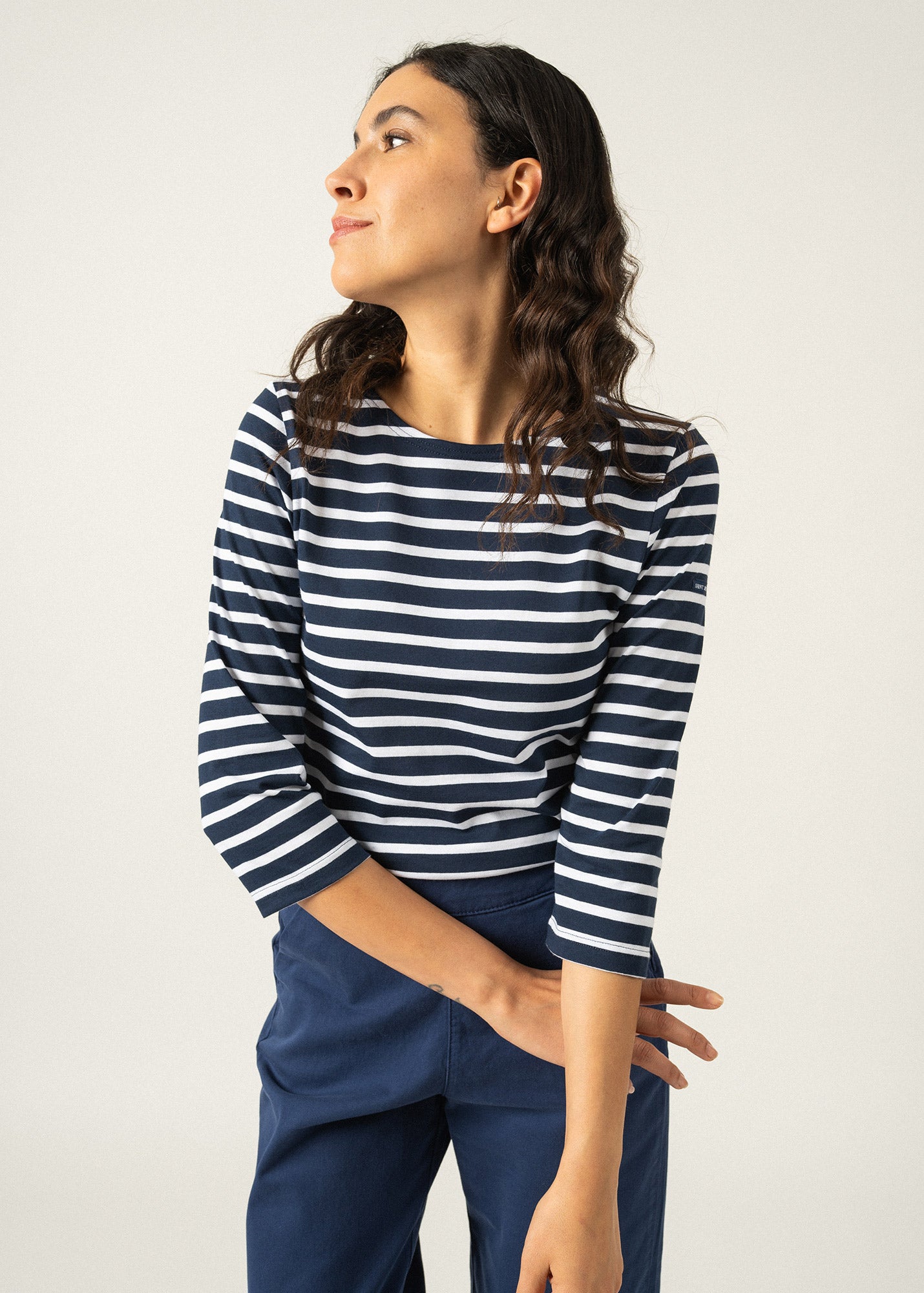 GALATHEE II Women's Breton Striped ¾ Sleeve Cotton Top - Soft & Comfortable Fit - Navy & White - Perfect for Casual Wear, Beach Outfits & Everyday Style