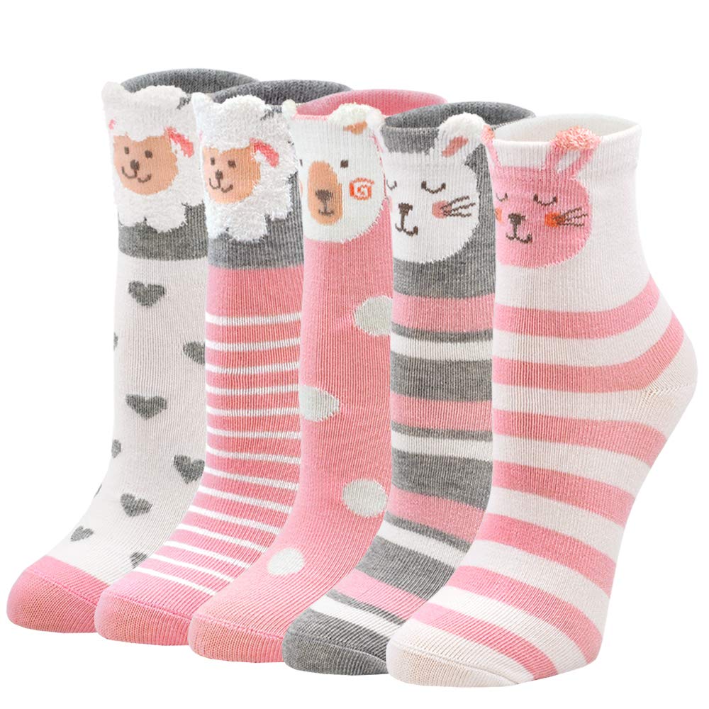 ZAKASA Cute Animal Print Cotton Ankle Socks for Girls & Toddlers - 5 Pairs Pack - Fun Cat Pattern Kids Socks for School, Play & Everyday Wear