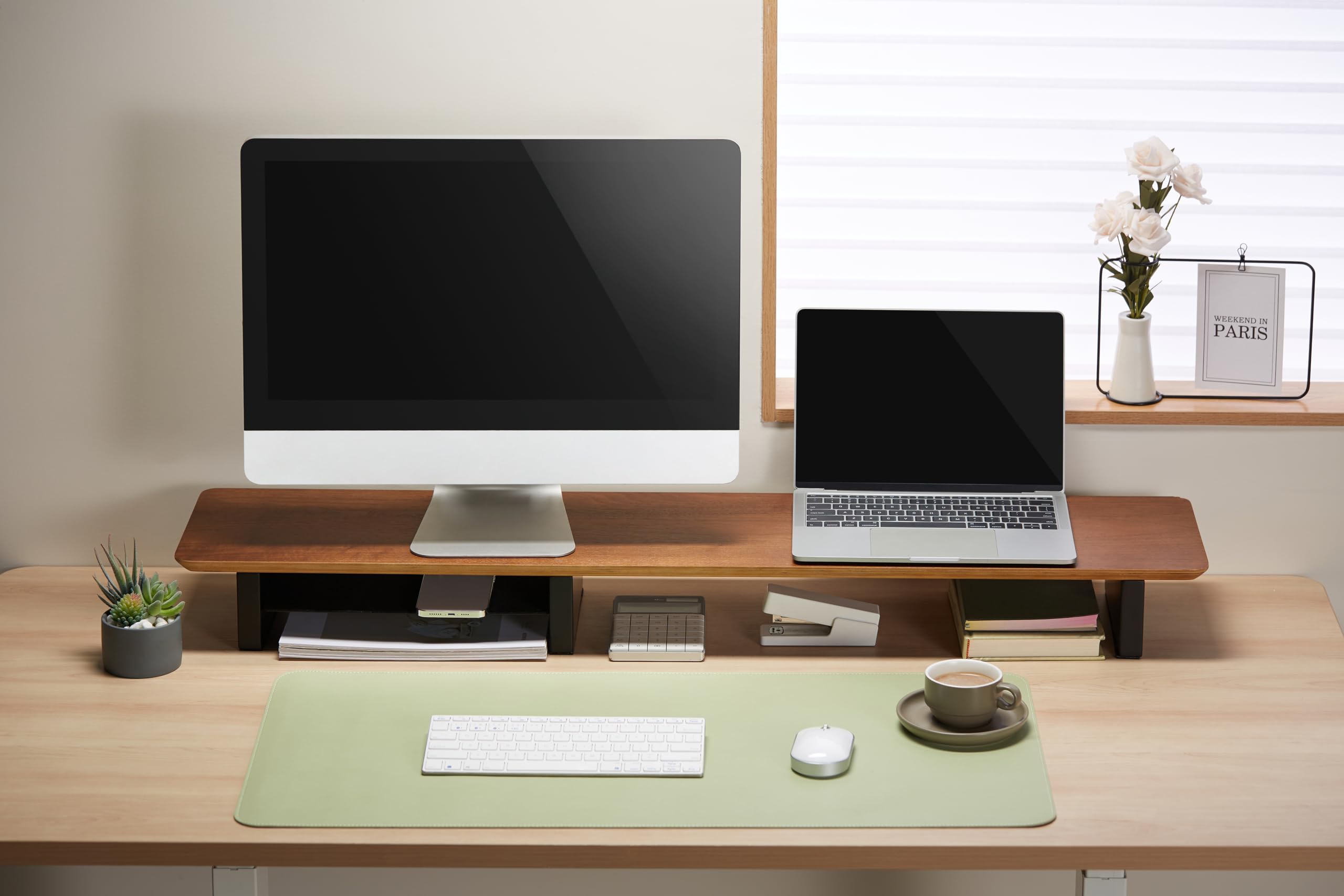 XL 44 Inch Walnut Wood Monitor Stand for Desk - Large Dual Monitor Riser with Desk Shelf, Solid Wood Computer Monitor Stand for Home & Office Workspace