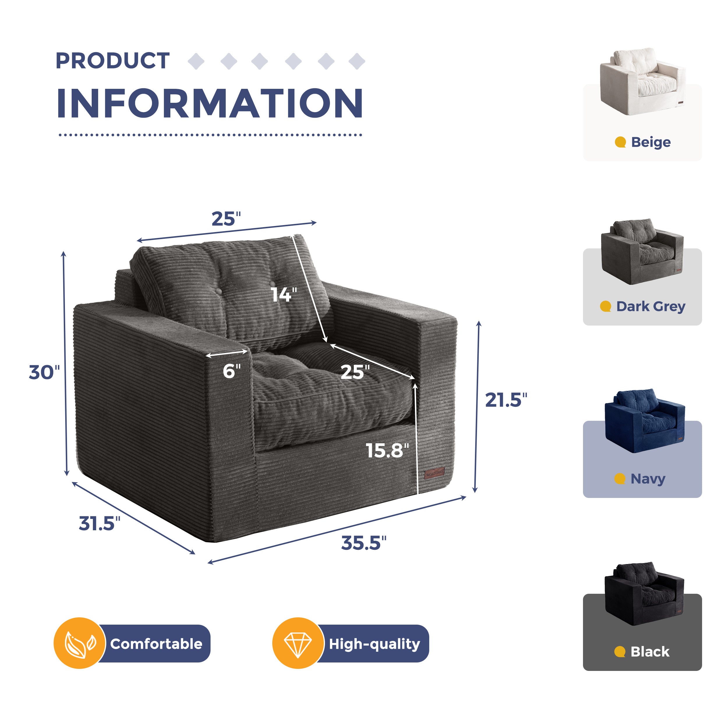 MAXYOYO Premium Bean Bag Chair for Adults - Large Upholstered Floor Sofa with Armrests, Tufted Cushion & Backrest - Sofa in A Box - Comfortable Boneless Couch for Bedroom, Living Room & Dorm - Dark Grey - Perfect for Relaxing, Gaming & Movie Nights