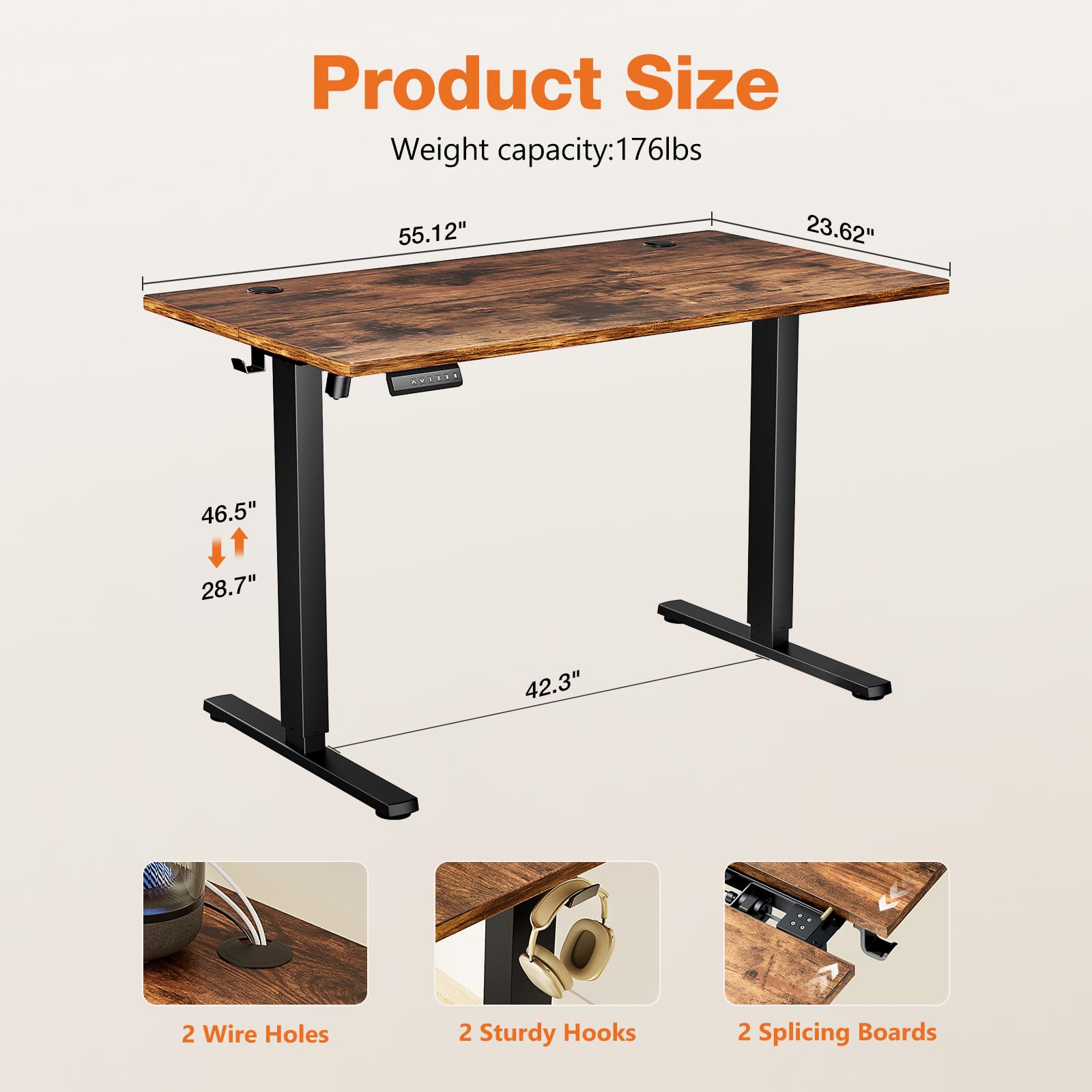 Sweetcrispy 55 x 24 Inch Electric Height Adjustable Standing Desk - Sit to Stand Home Office Desk with Splice Board, 2 Hooks & Cable Management | Perfect for Remote Work, Gaming & Ergonomic Workspace Setup