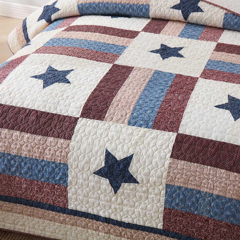 3-Piece Cotton Reversible Quilt Set - All Season King Size Bedspread with Mediterranean Star Pattern for Boys | Soft & Breathable Bedding for Kids' Room, Guest Bed, Dorm