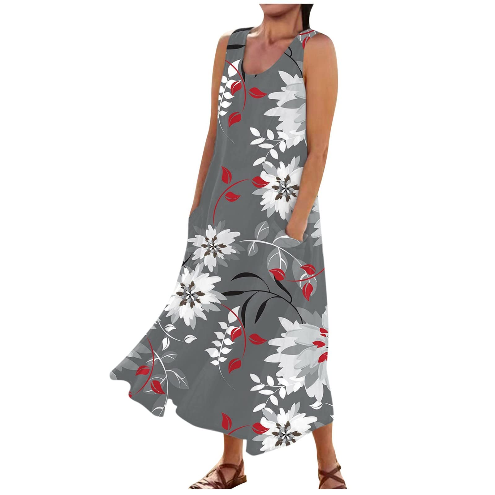 Women's Linen Maxi Dress 2024 - Summer Sleeveless Printed Flowy Long Dress with Pockets | Casual Tank Dress for Beach, Vacation & Everyday Wear