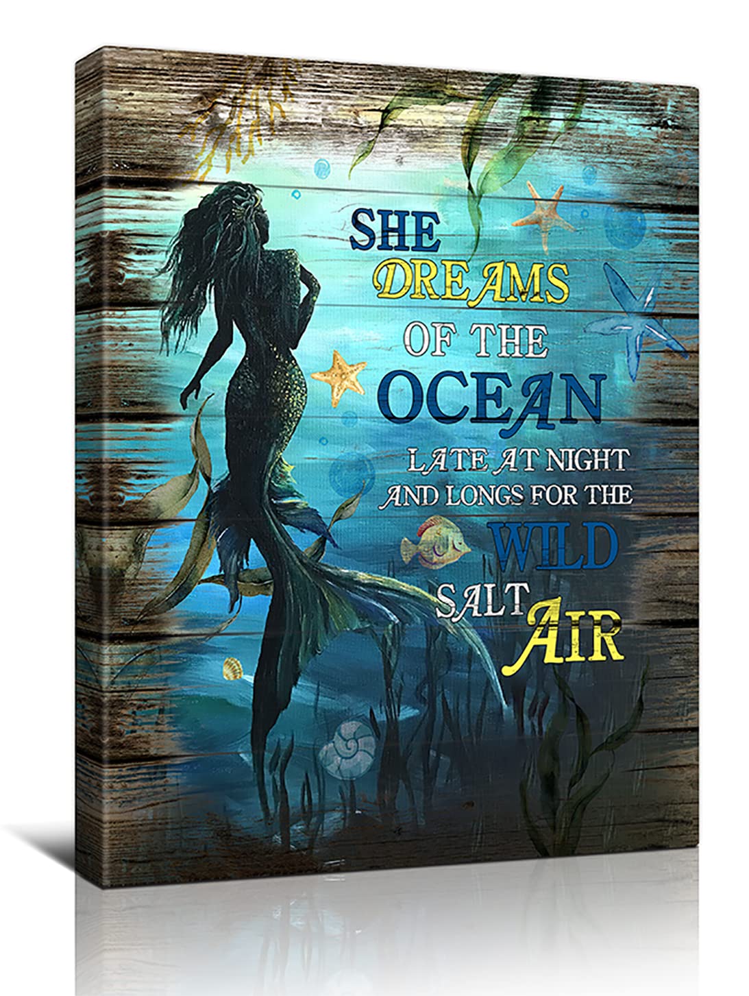 Mermaid Wall Art Canvas Print - Teal Mermaid Painting for Girls Room & Bathroom Decor - 12x16 Inch Framed Ready to Hang - Perfect for Bedroom, Living Room & Nursery