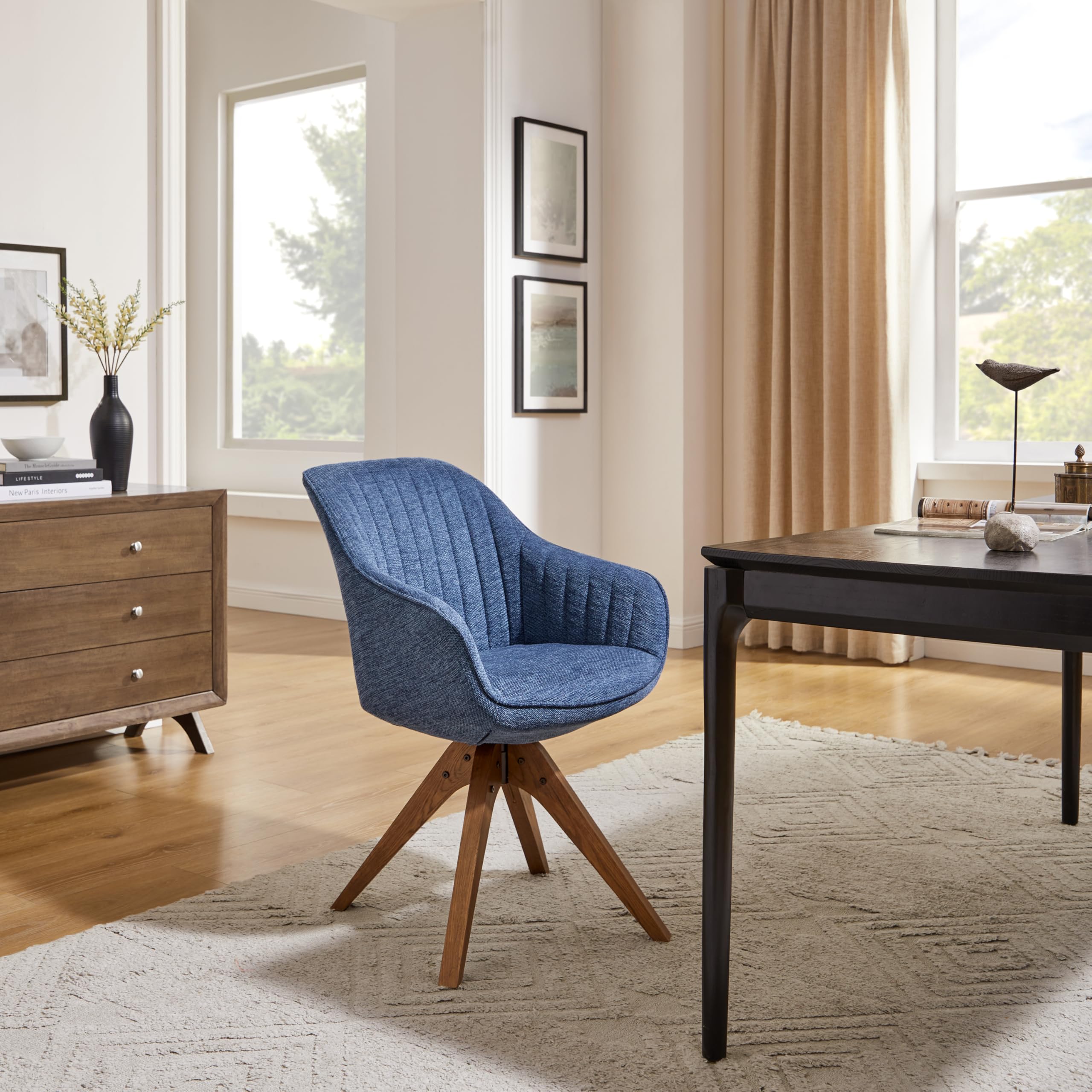 Art Leon Mid Century Modern Office Chair - No Wheels Swivel Accent Chair with Oak Wood Legs & Fabric Upholstery, Blue - Perfect for Home Office, Study Room & Reading Nook