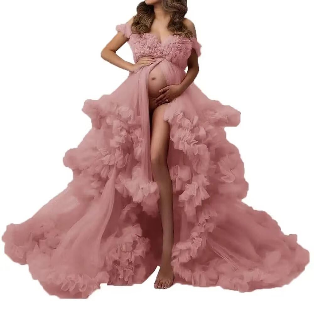 Wchecalino Elegant Tulle Maternity Dress - Long Puffy Bridal Robe for Photoshoots, Baby Showers & Weddings | Perfect for Maternity Photos, Bridal Lingerie & Special Occasions